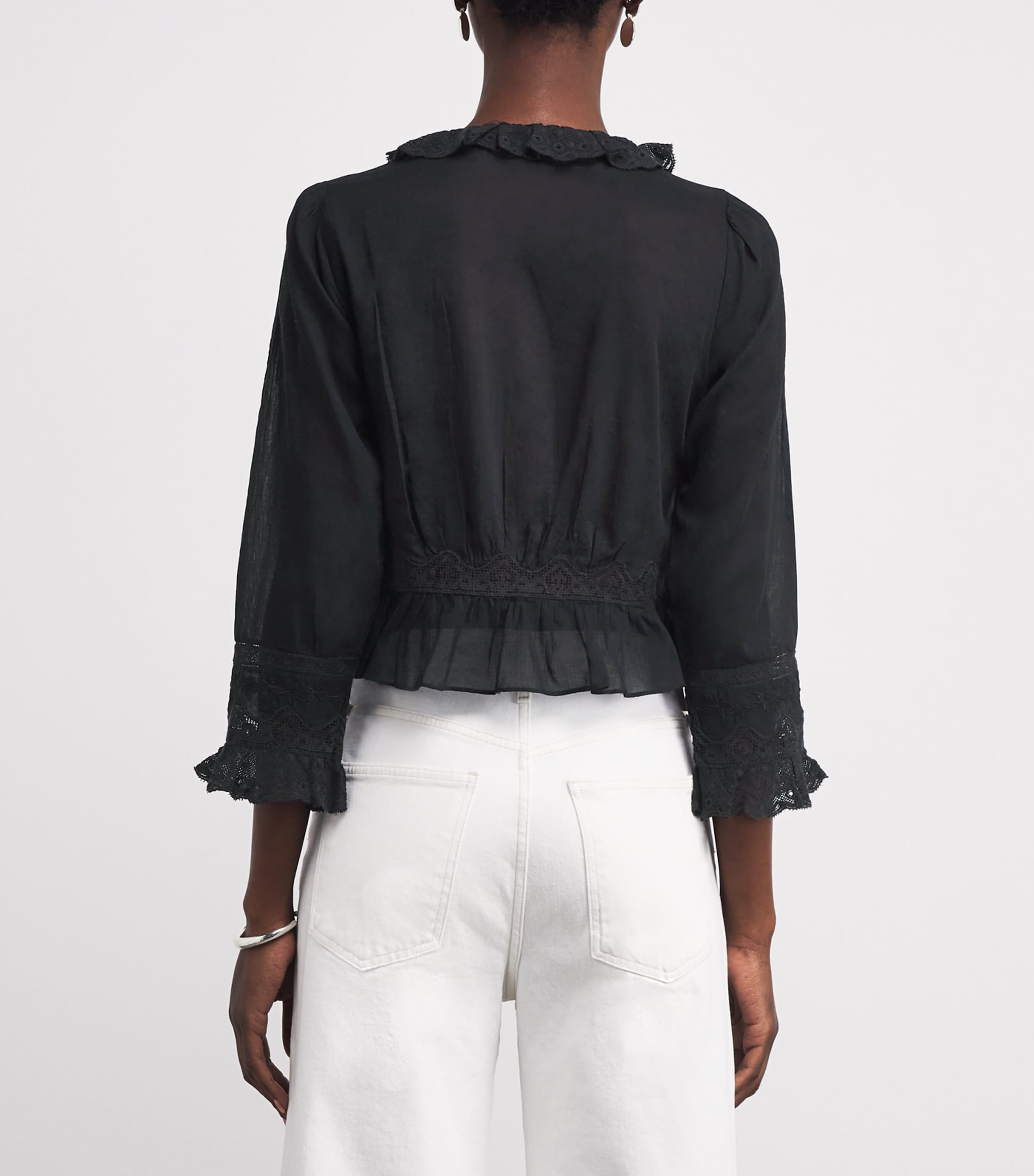 DÔEN Womens Organic Cotton Lace-Trim Eldoris Blouse Black Image 4