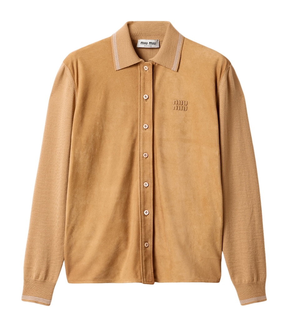 Miu Miu Womens Suede-Wool Logo Shirt Image 1