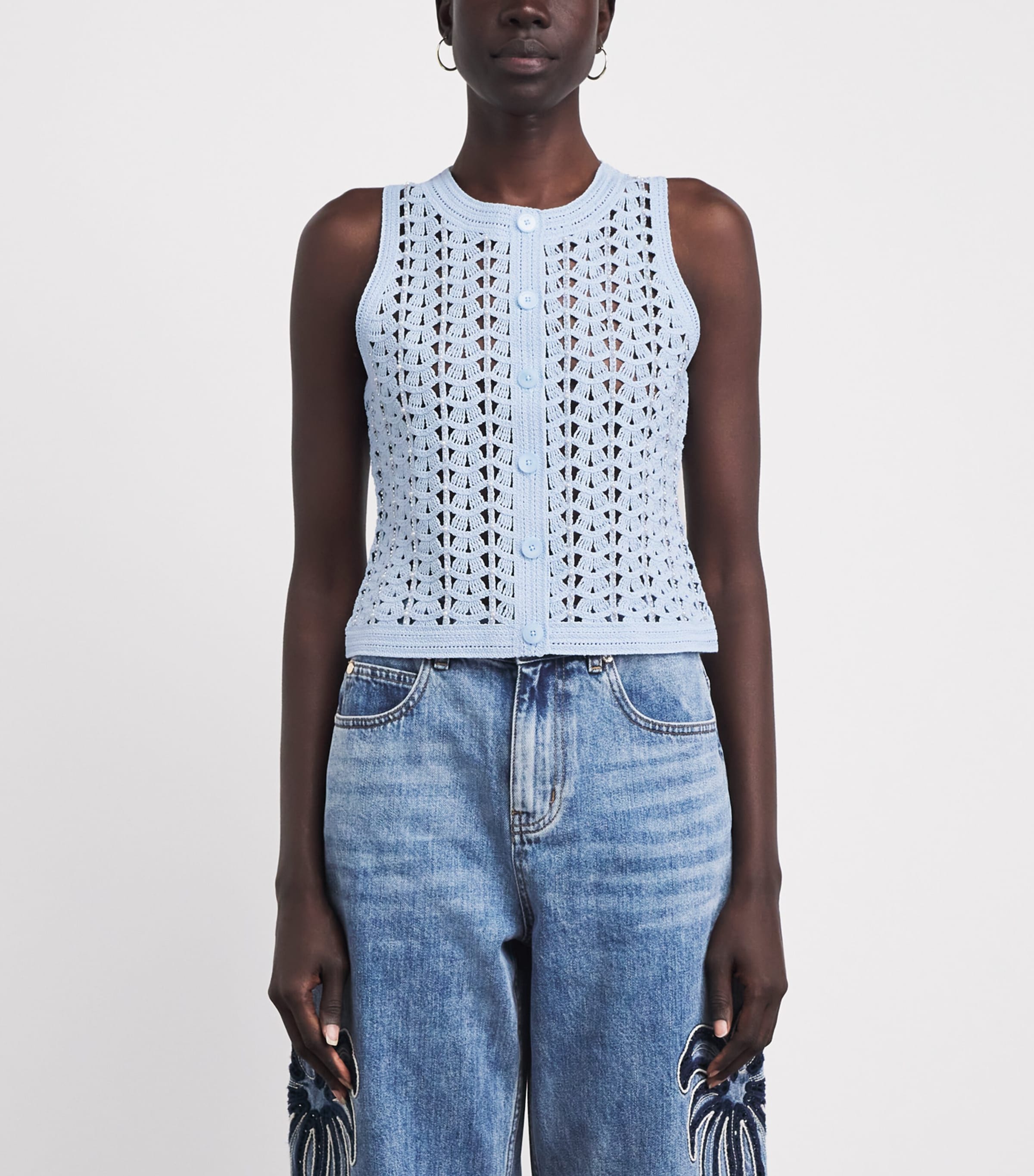 Sandro Paris Womens Openwork Crochet Sleeveless Cardigan Sky Blue Image 4