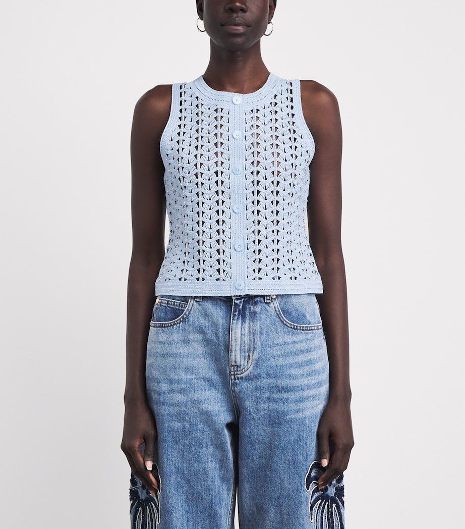 Sandro Paris Womens Openwork Crochet Sleeveless Cardigan Sky Blue Image 4