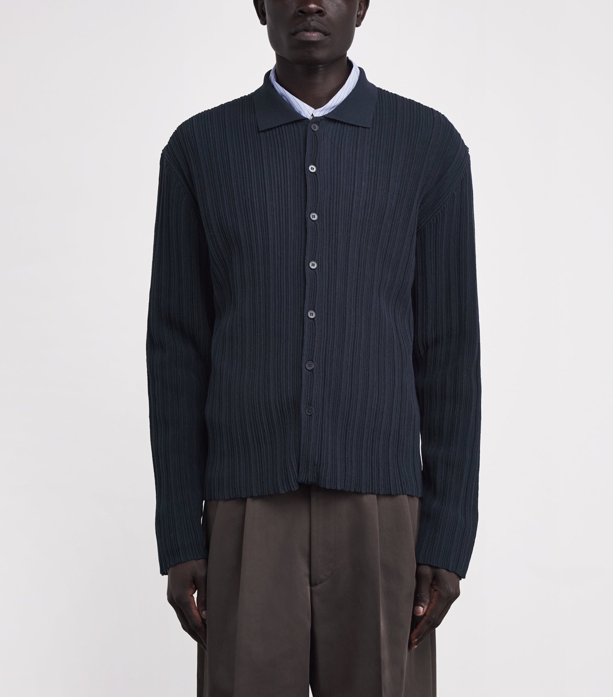 Cotton-Blend Ribbed Polo Cardigan NAVY Image 4