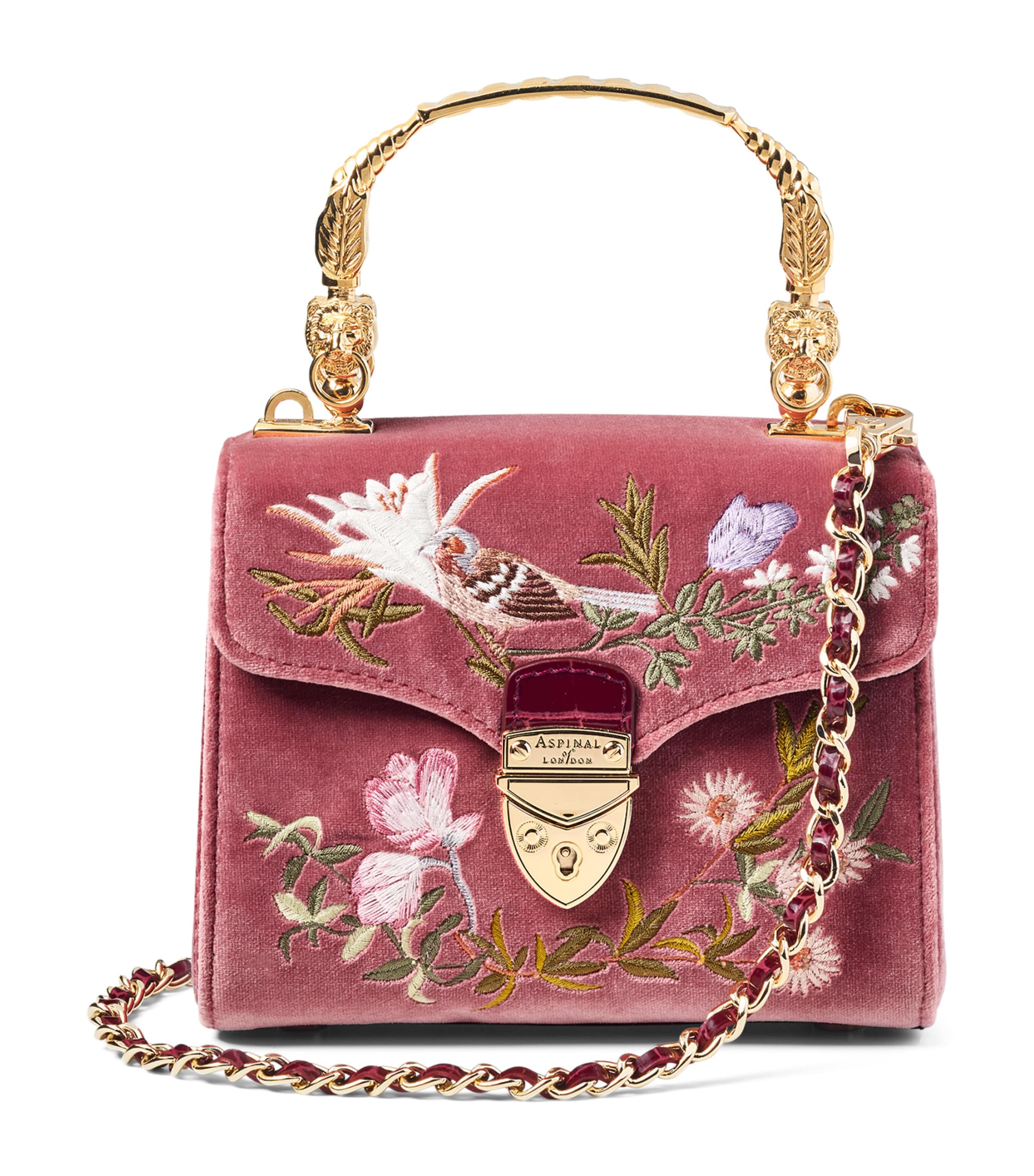 Aspinal Of London Mini Velvet Embroidered Mayfair Top-handle Bag In Pink