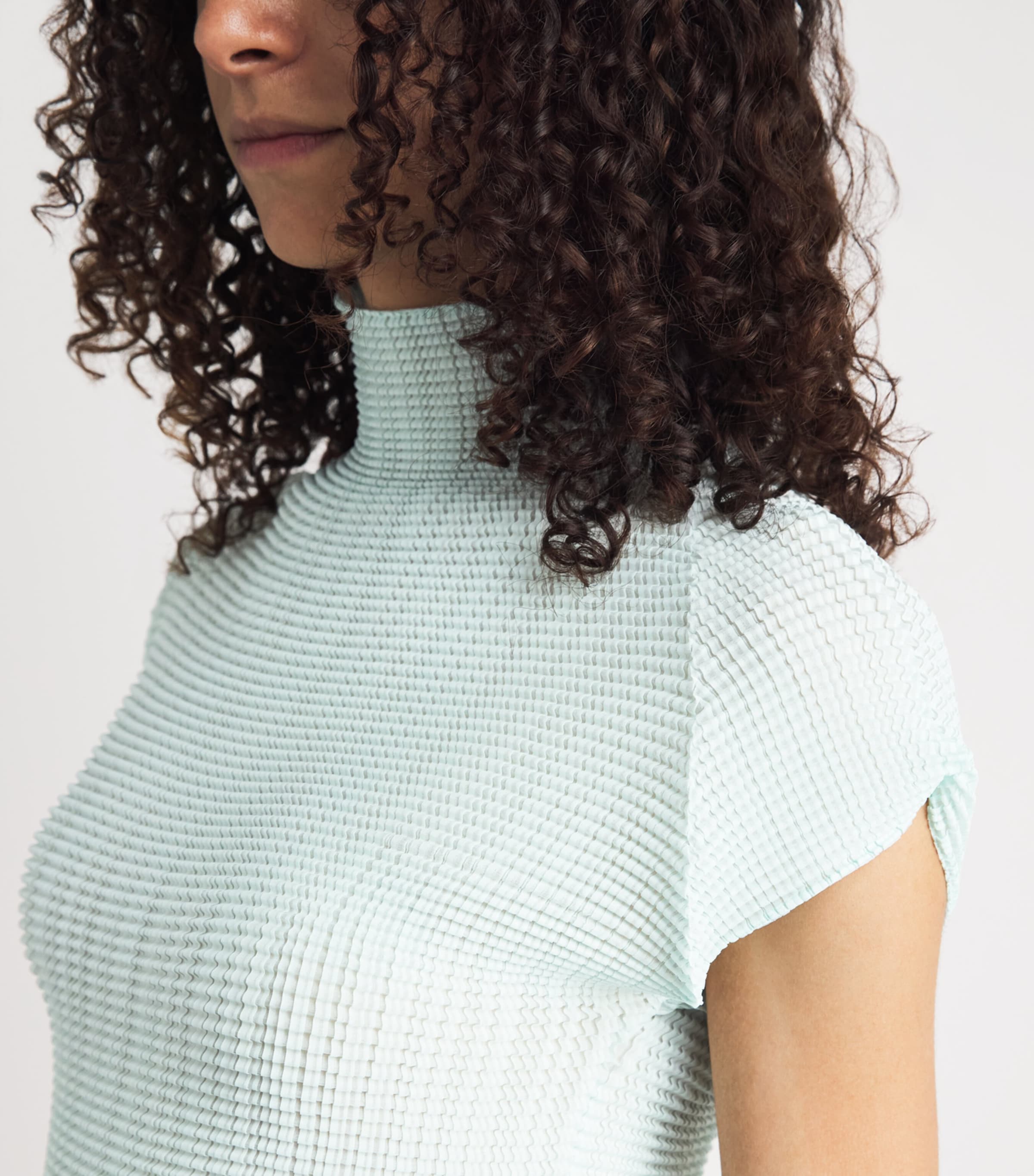 Issey Miyake Womens Wooly Pleats Mock-Neck Top Light Blue Image 3