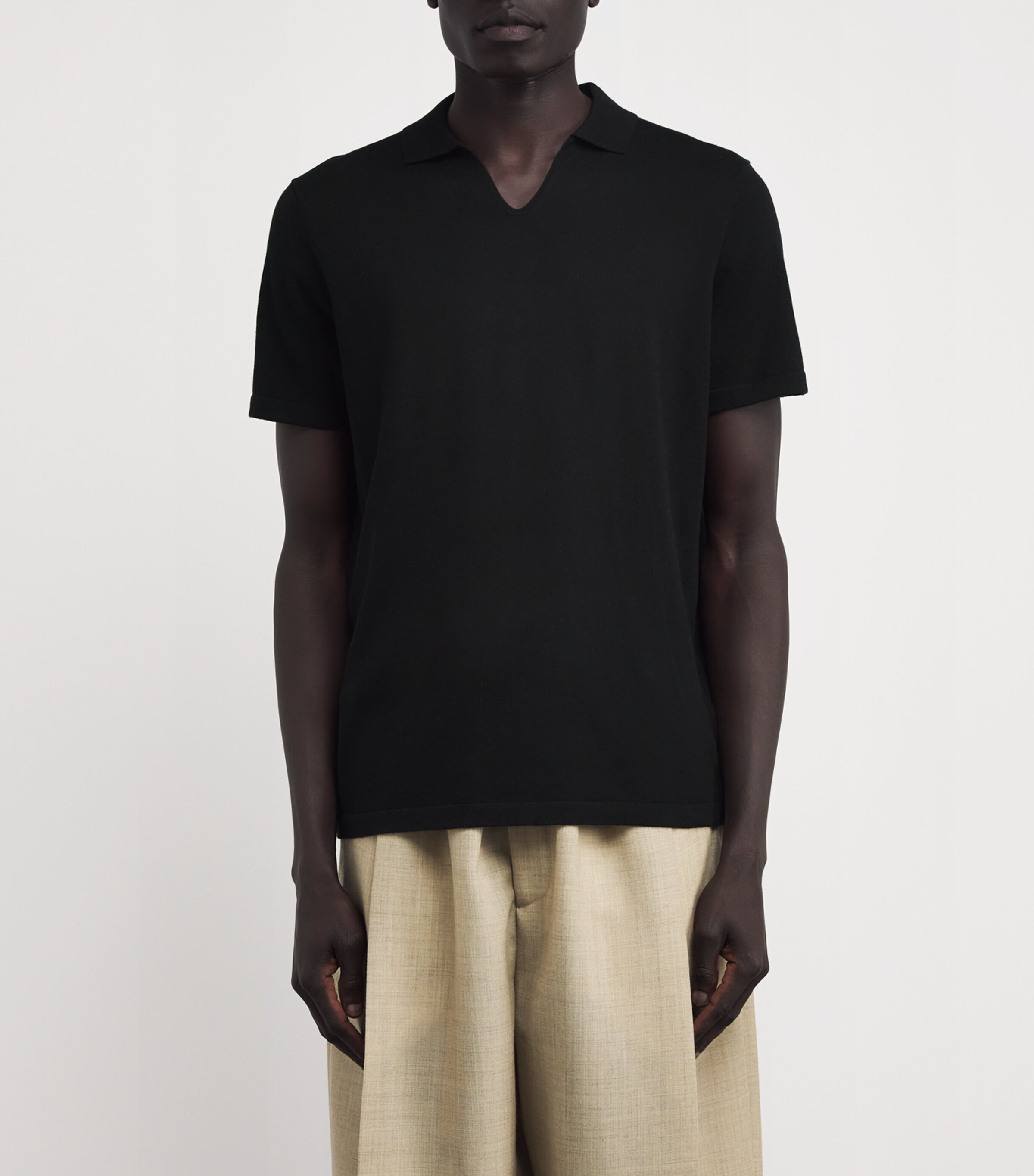 Wool-Cotton Open-Collar Polo Shirt 3000-BLACK Image 3