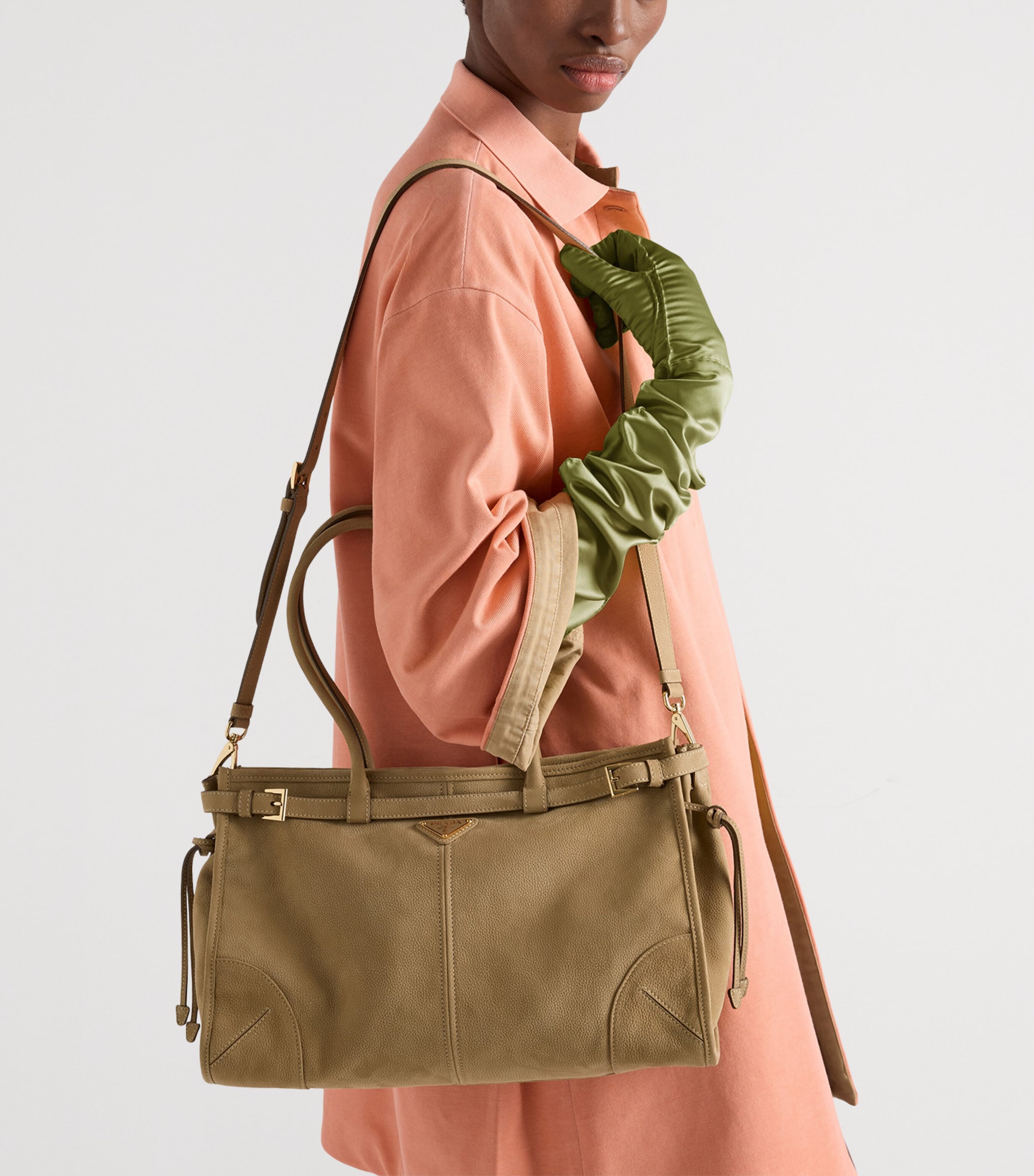 Prada Large Nubuck Leather Bonnie Top-Handle Bag Neutral Image 3