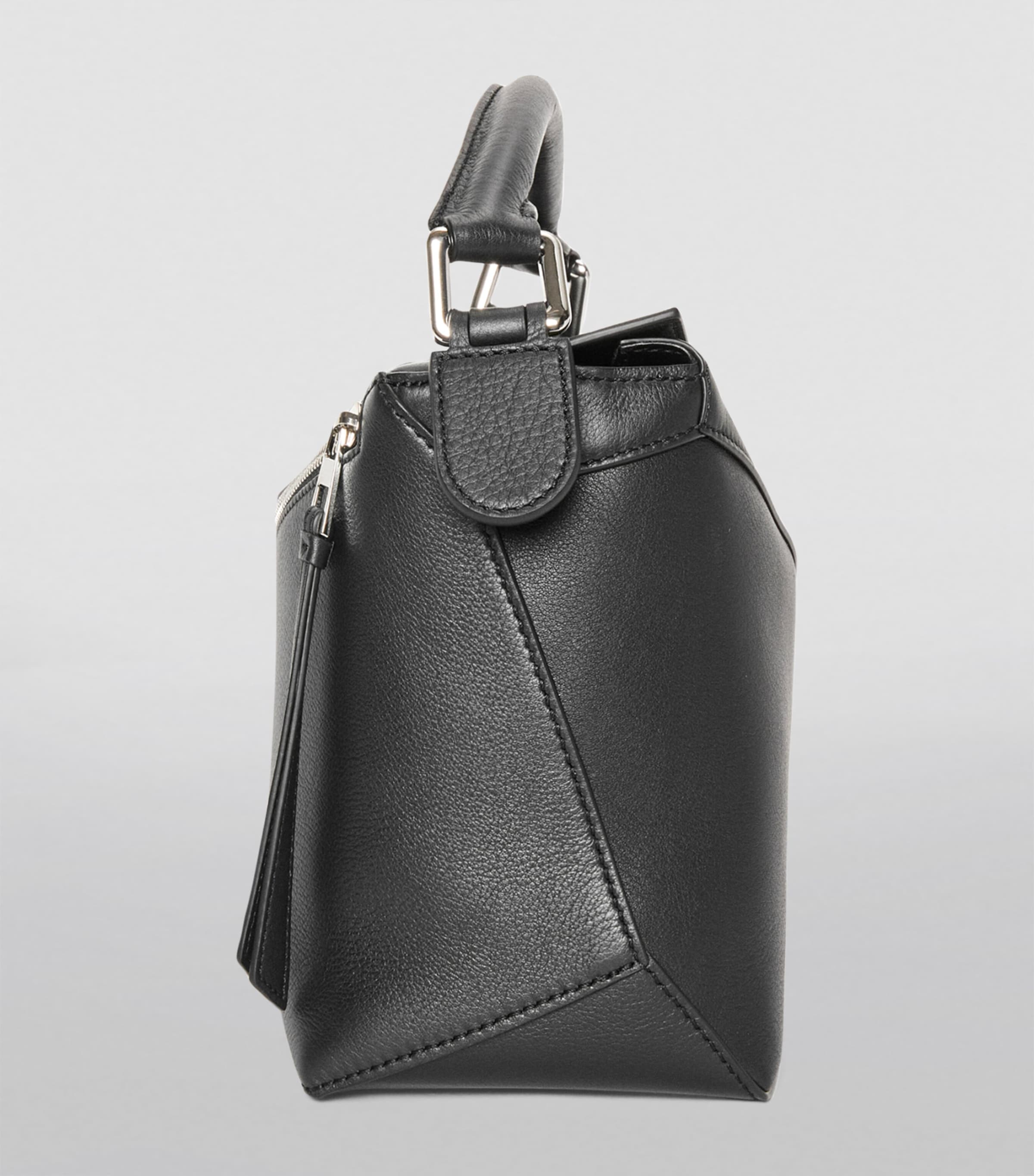 Small Leather Puzzle Edge Top-Handle Bag BLACK Image 8