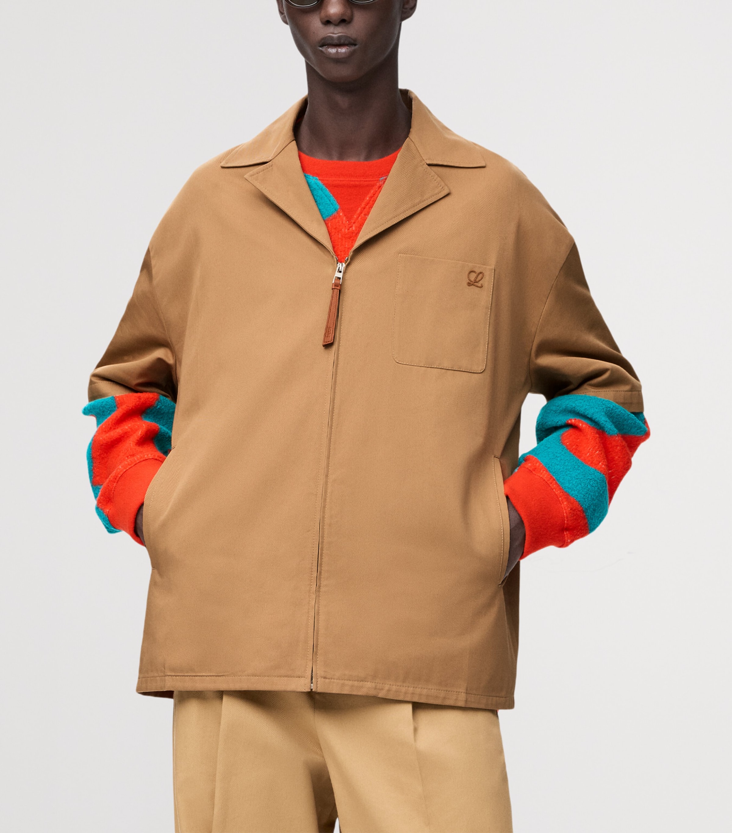 LOEWE Mens Cotton-Blend Zip-Up Shirt Almond Image 3