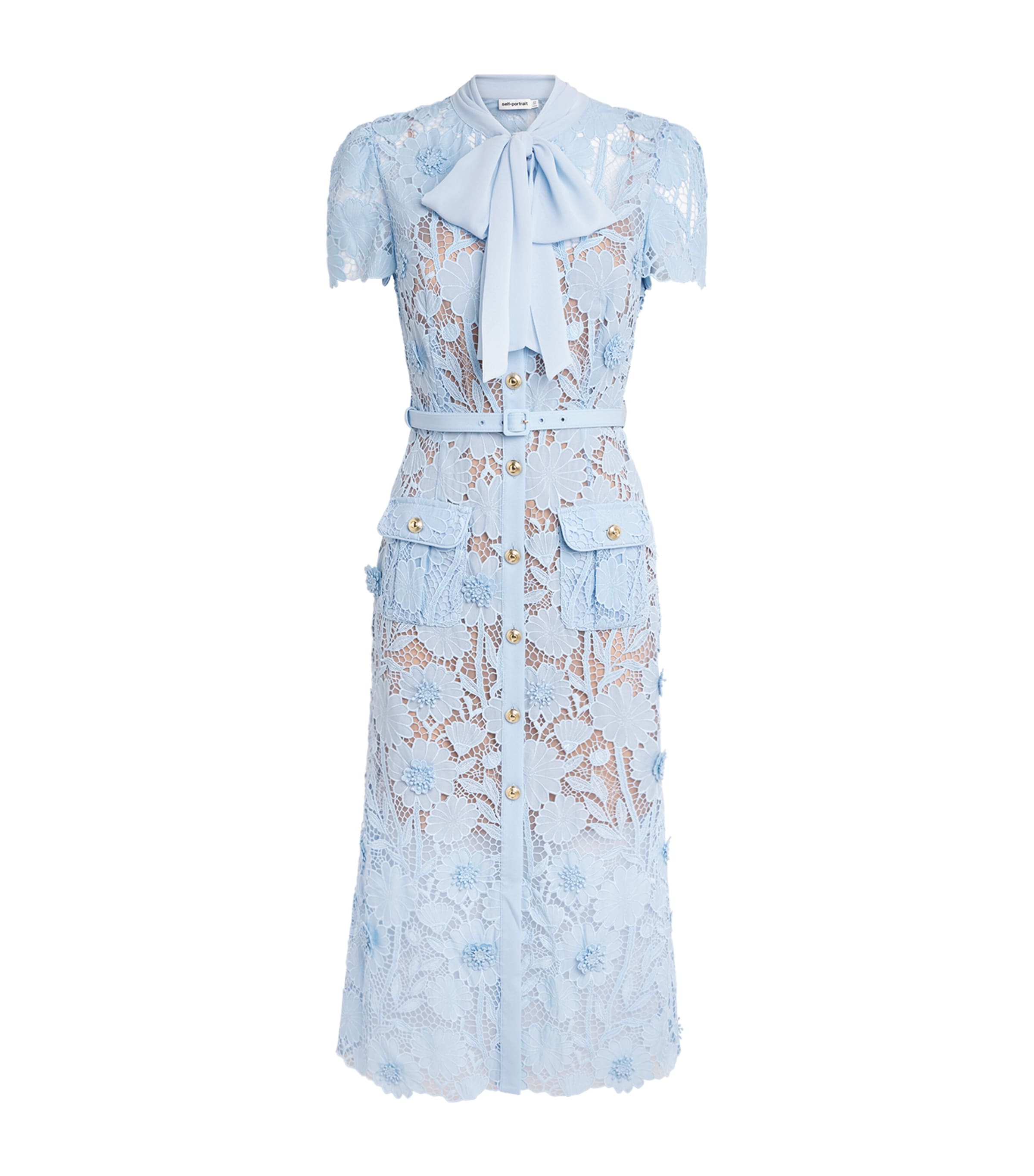 Self-Portrait Womens Lace Tie-Neck Midi Dress Blue Image 1