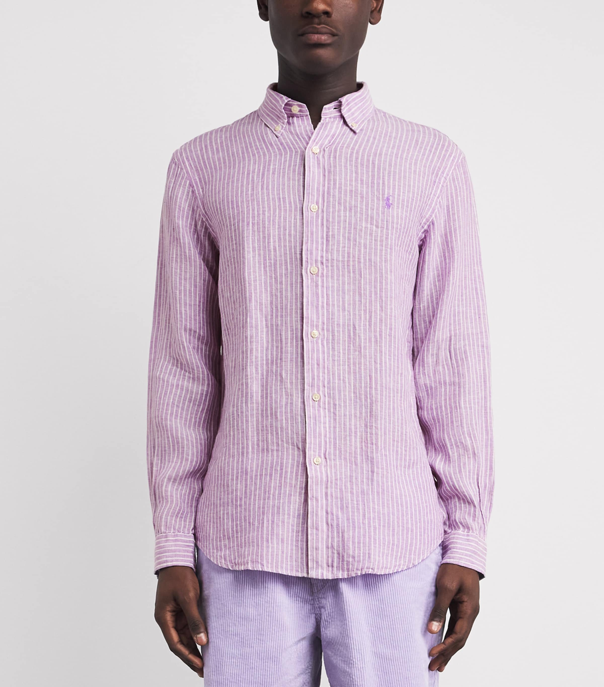 Polo Ralph Lauren Mens Linen Striped Custom-Fit Shirt Lavender White Image 4