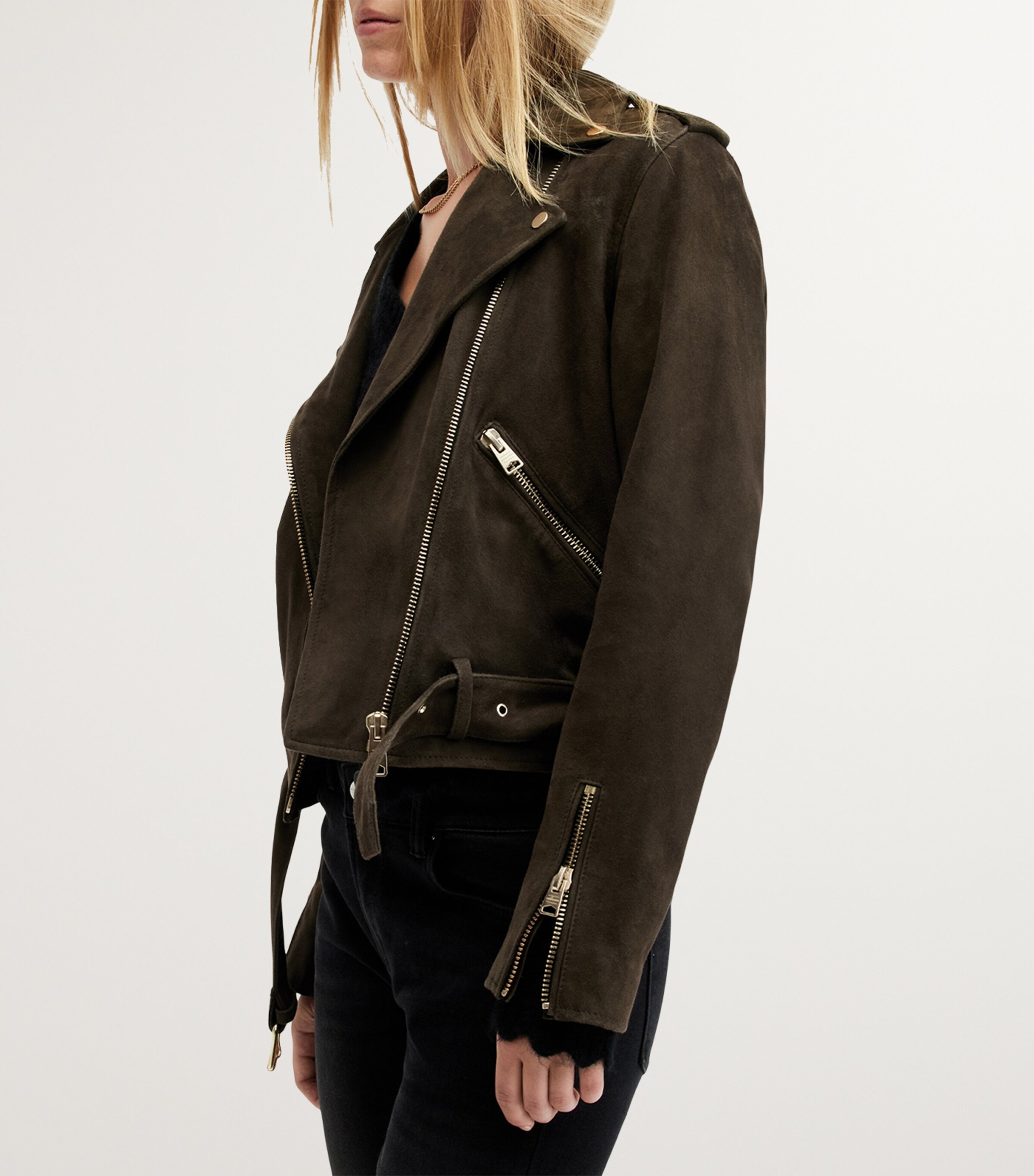 AllSaints Womens Suede Balfern Biker Jacket Tarmac Green Image 5