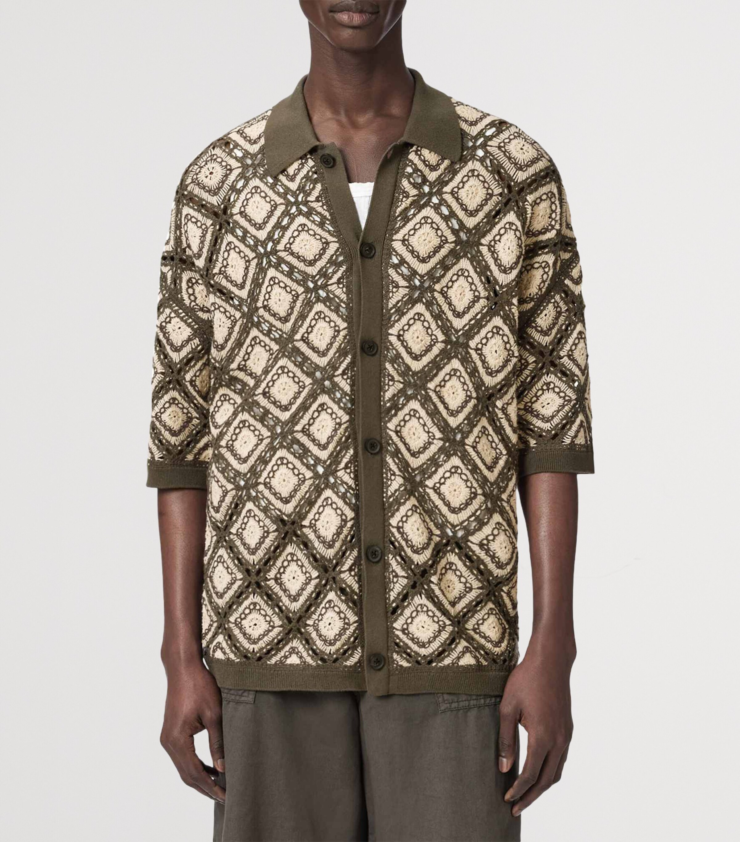 AllSaints Mens Cotton Knitted Short-Sleeve Cardigan Pitch Green Image 3