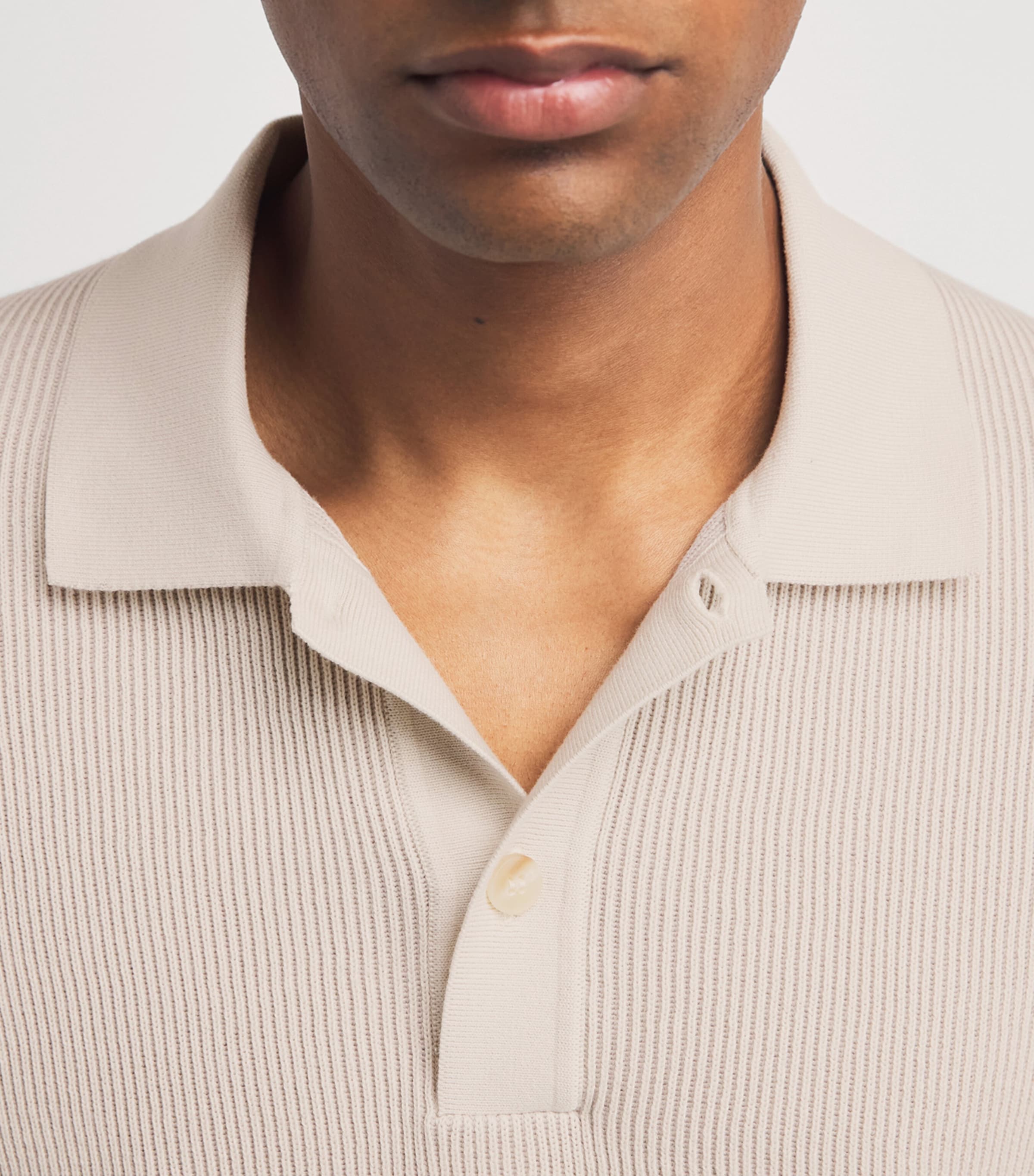 Sunspel Mens Cotton Rib-Knit Polo Shirt Whcr Ecru Image 3