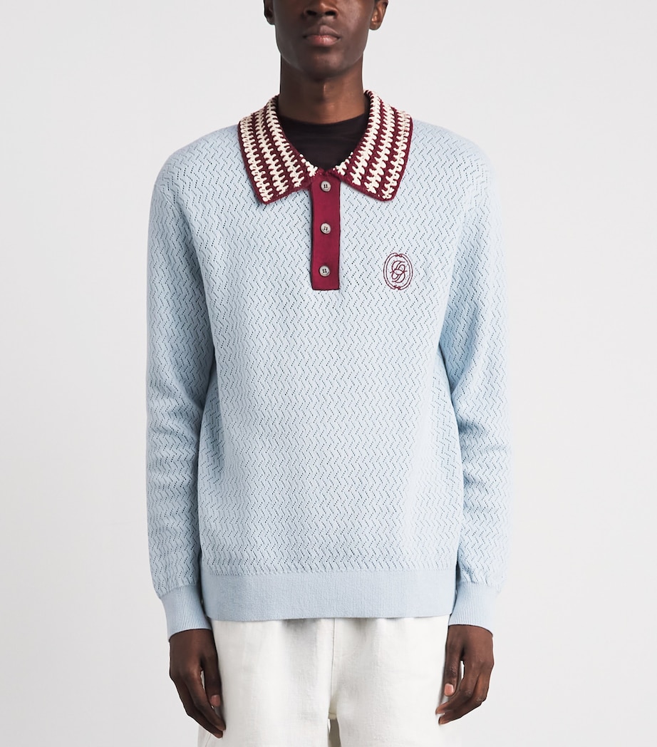 Drôle de Monsieur Mens Openwork-Knit Polo Shirt Light Blue Image 4