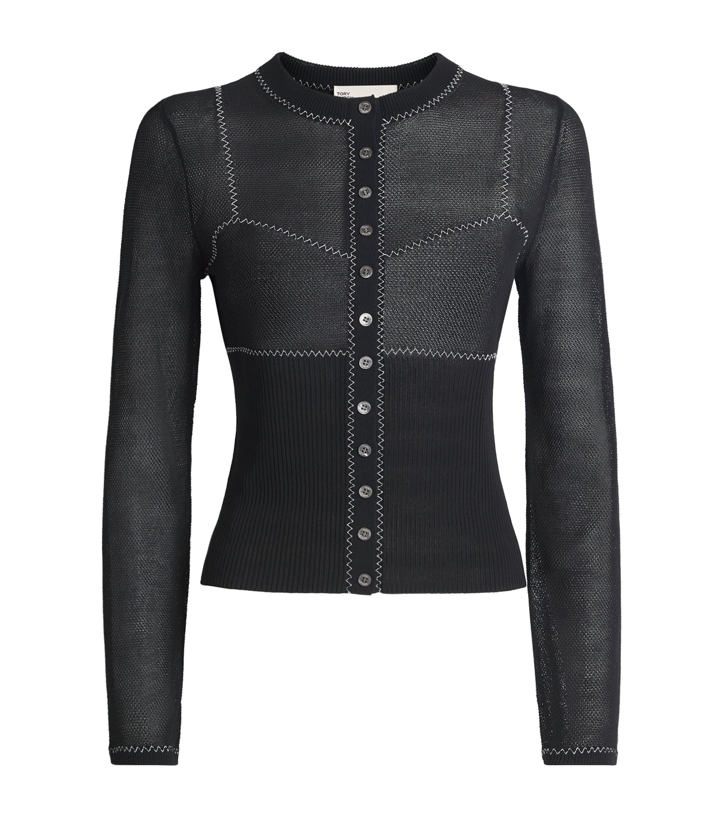Tory Burch Mesh Contrast-stitch Cardigan In Black