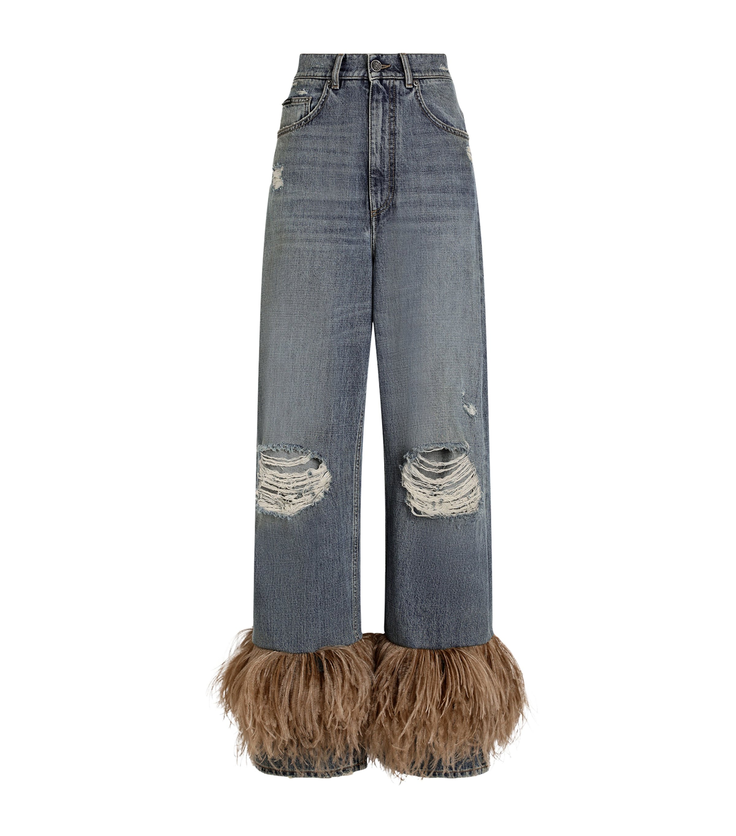 Dolce&Gabbana Womens Ripped Fringe Wide-Leg Jeans Comb Image 1