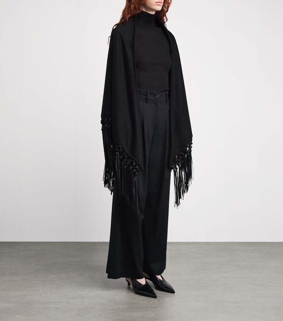 Cashmere and Leather Fringe-Trim Cape 0091 BLACK Image 3