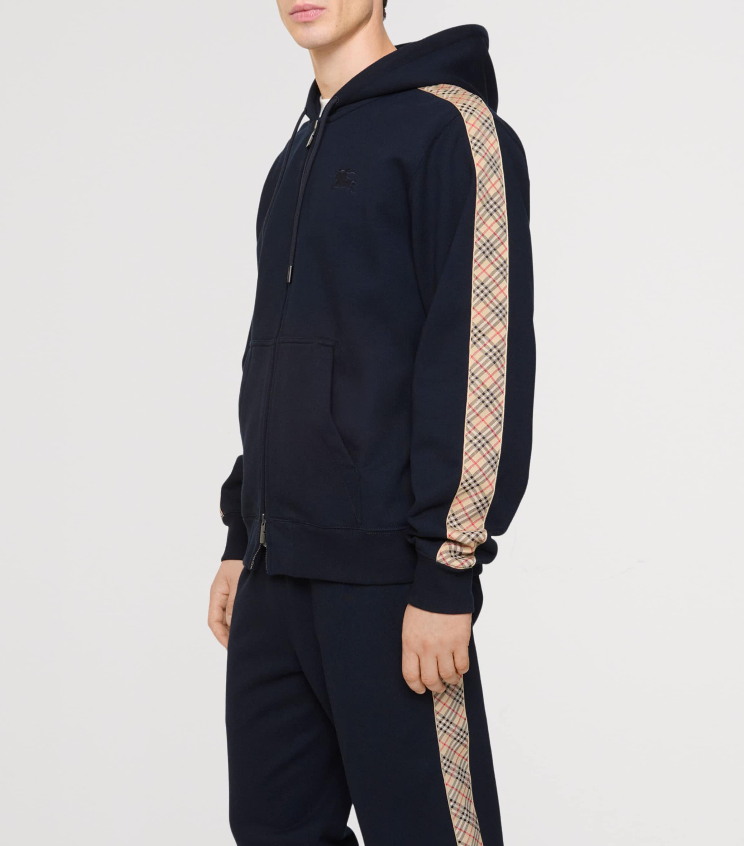 Burberry Navy Cotton Check-Trim Zip-Up Hoodie | Harrods US