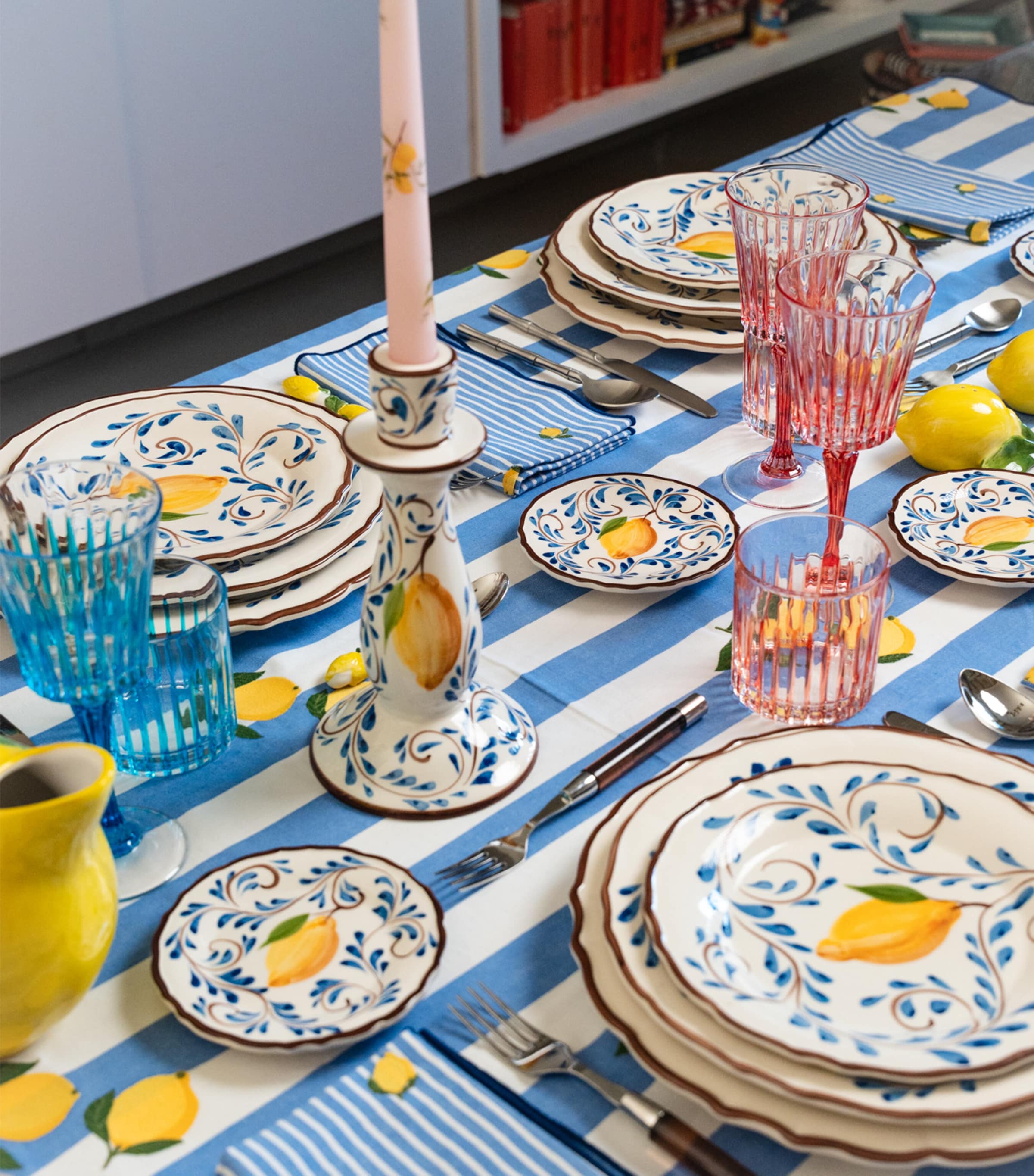 Les-Ottomans Ceramic Positano Lemons Candle Holder Blue Image 3