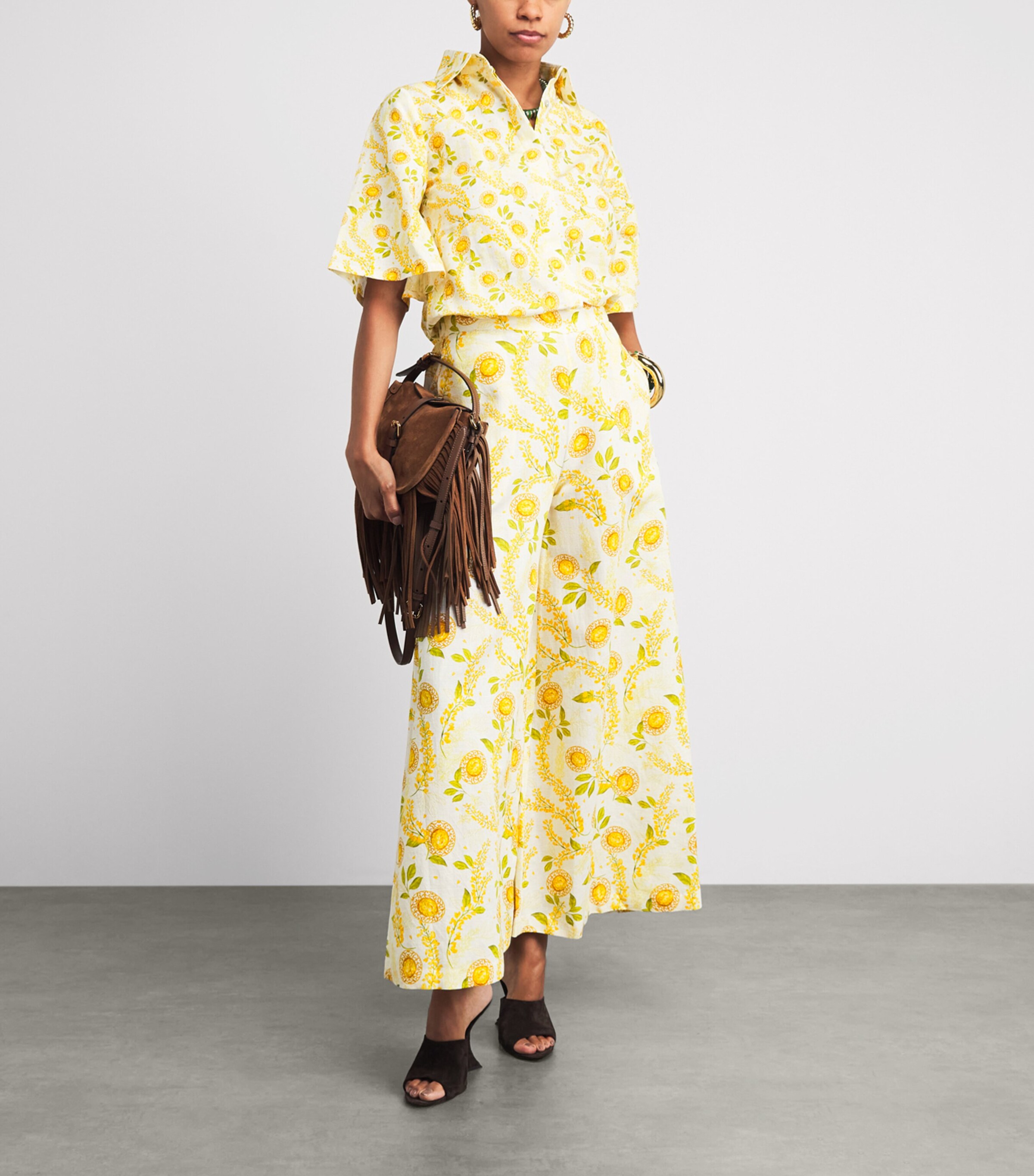 Verandah Womens Linen-Cotton Floral Wide-Leg Trousers Ylw Sapphre & Wstria Image 2