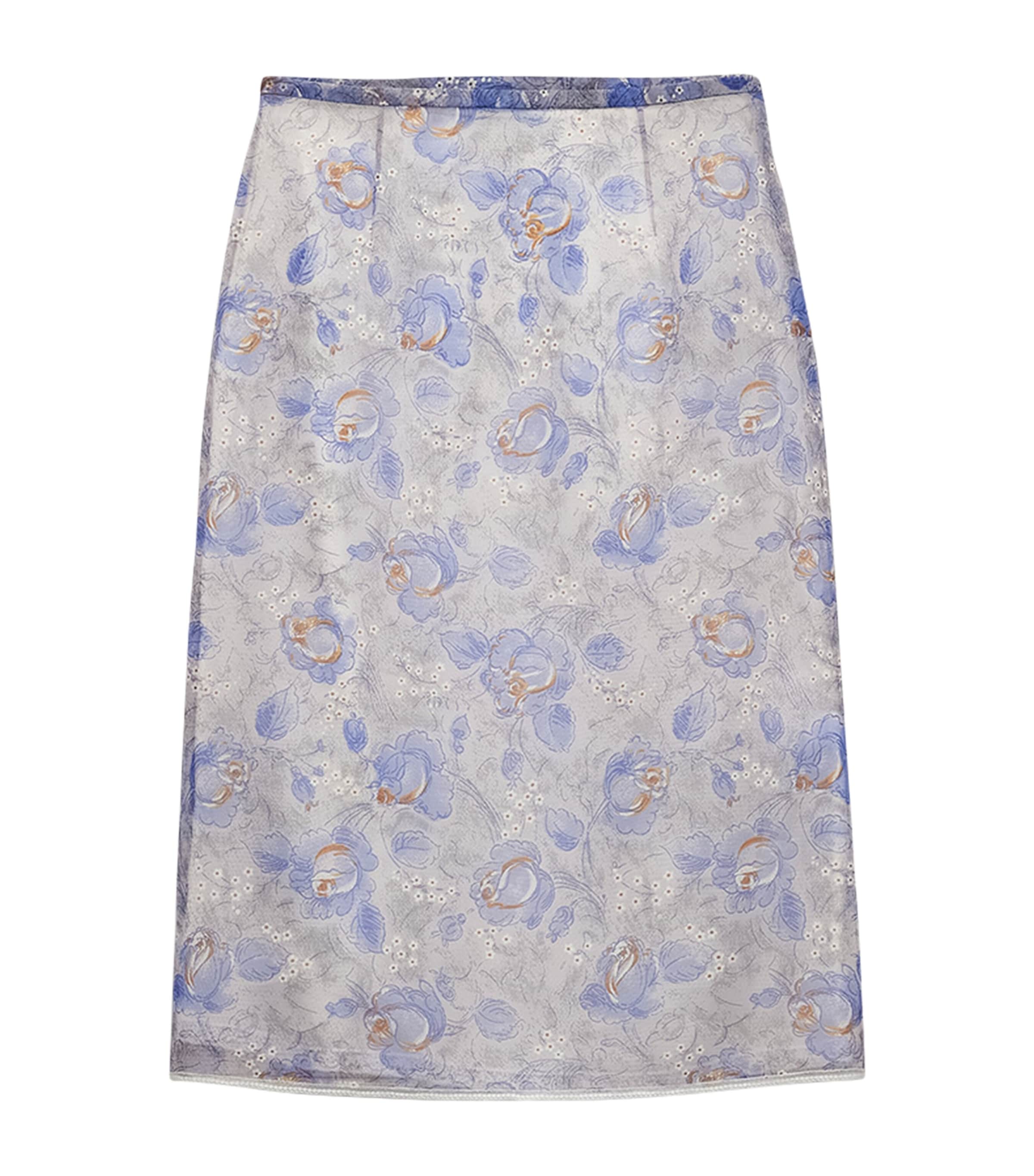 Prada Peony Print Nylonette Skirt Clothing In Blue