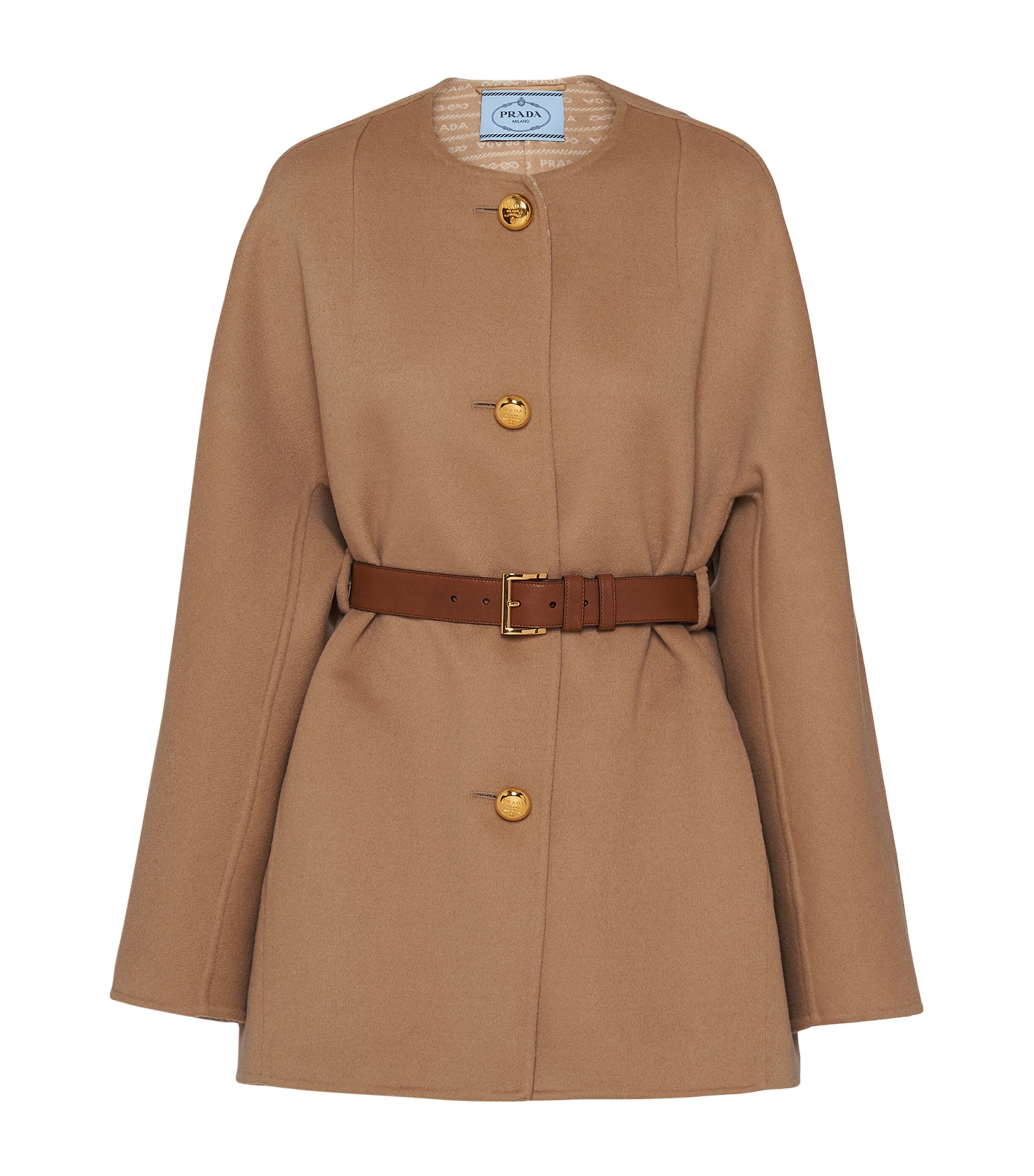 Prada Belted Wool Coat In Brown