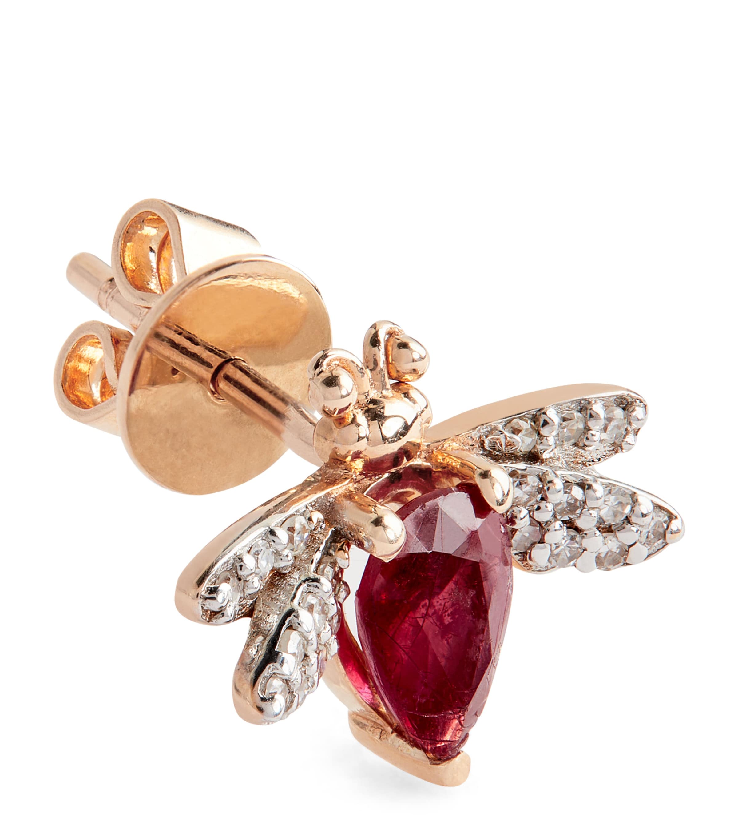 Bee Goddess Rose Gold, Diamond And Ruby Queen Bee Earring