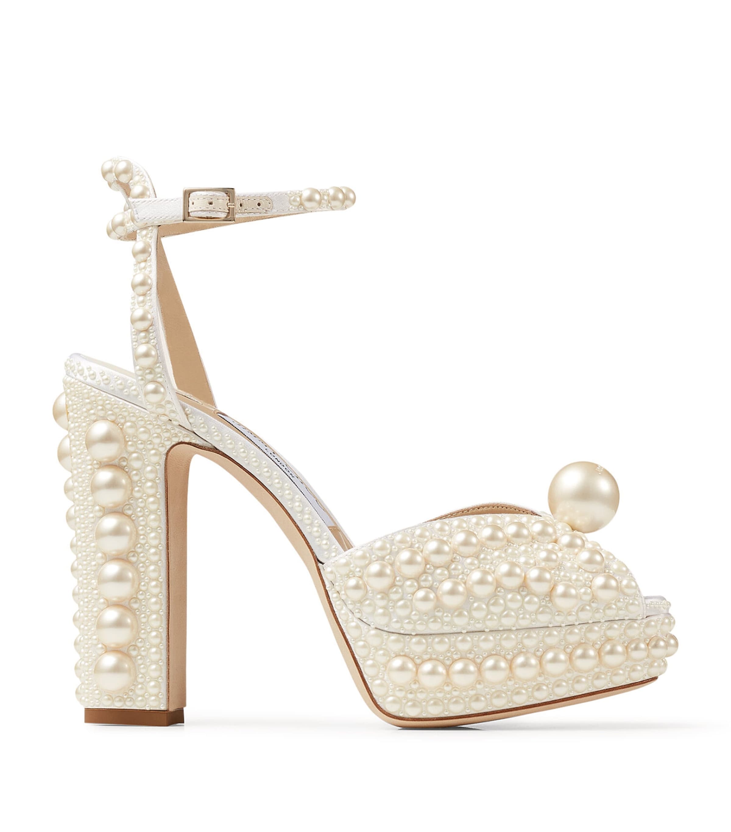 Shop Jimmy Choo Sacaria 120 Pearl-embellished Satin Platform Sandals In White