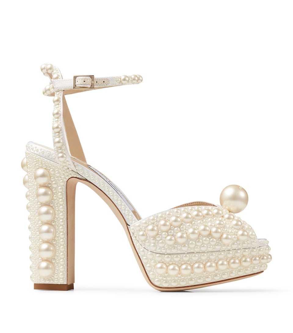 Jimmy Choo Sacaria 120 Pearl-Embellished Satin Platform Sandals White/white