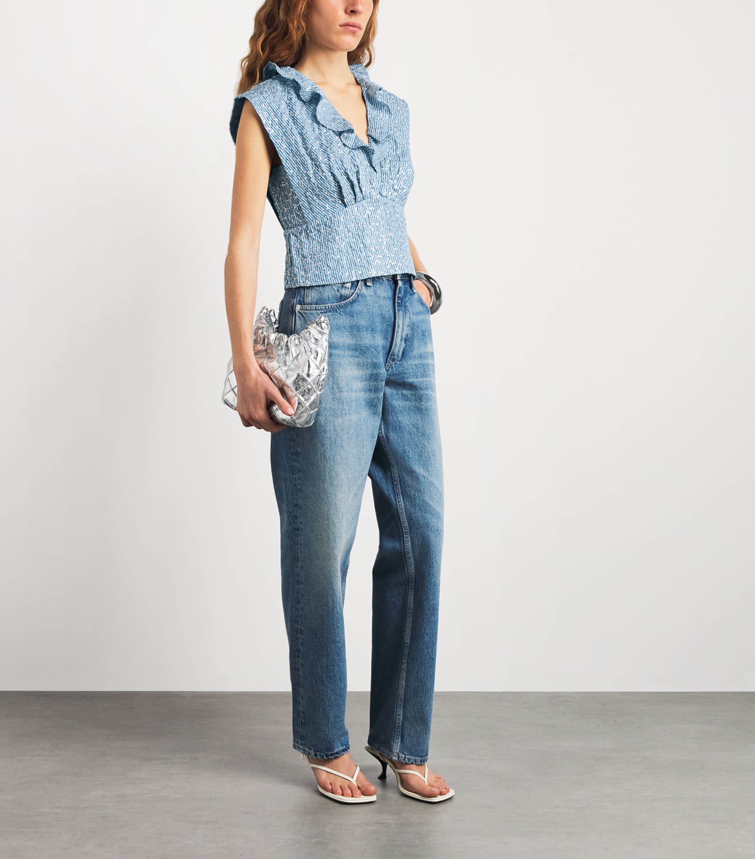Sandro Paris Womens Sequinned Stripe Top Blue Image 2