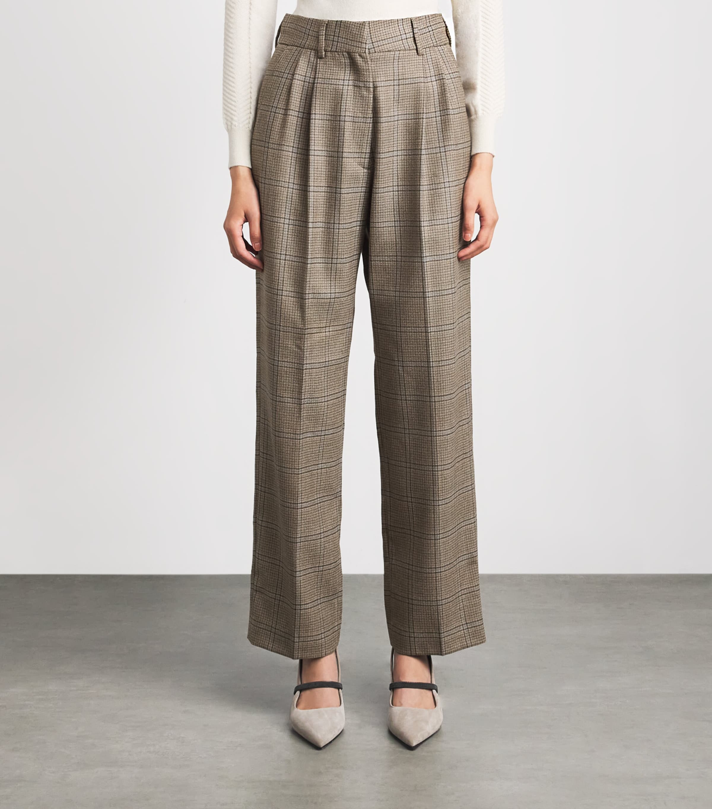 Blazé Milano Womens Virgin Wool Check Fox Tailored Trousers Beige Image 4