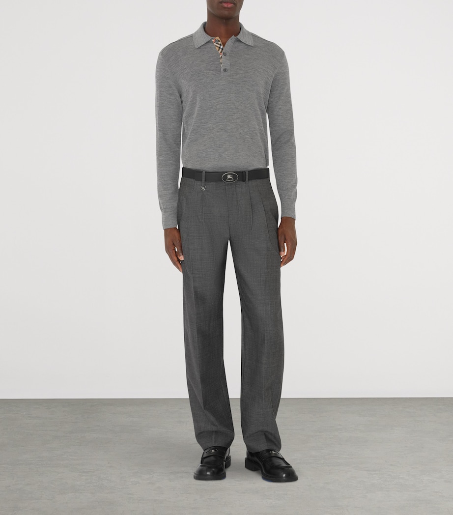 Wool Check-Detail Long-Sleeve Polo Shirt GREY Image 2