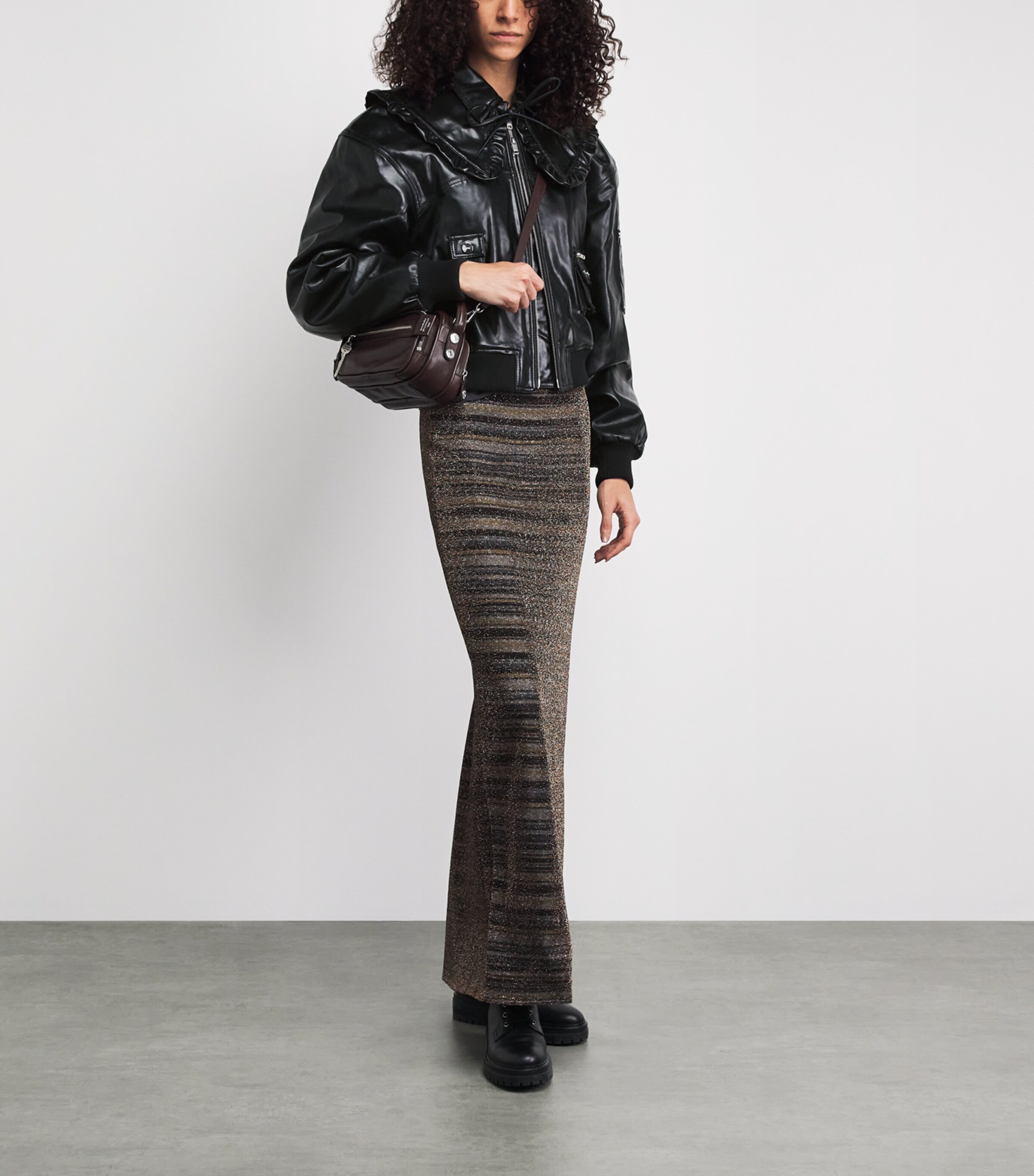 GANNI Womens Recycled Ruffled-Collar Leather Jacket Black Image 2