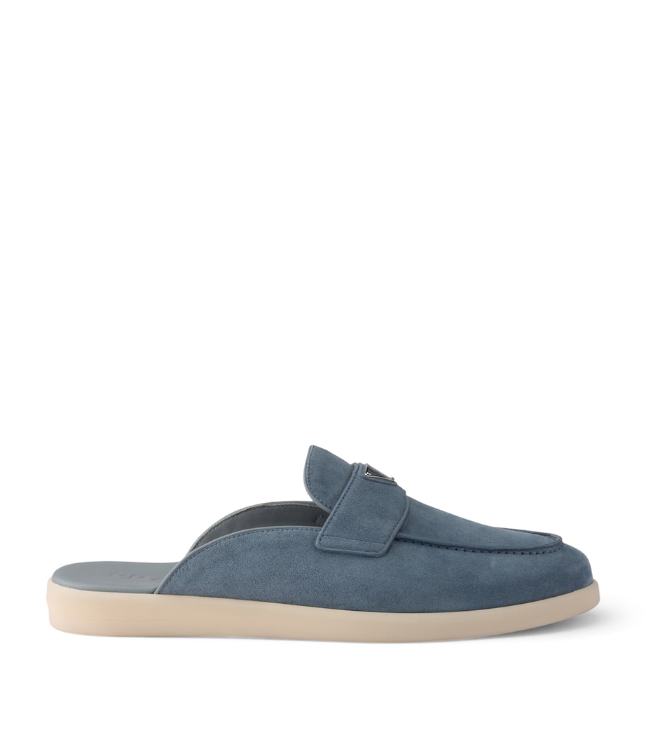 Prada Suede Triangle Mules Blue Image 1