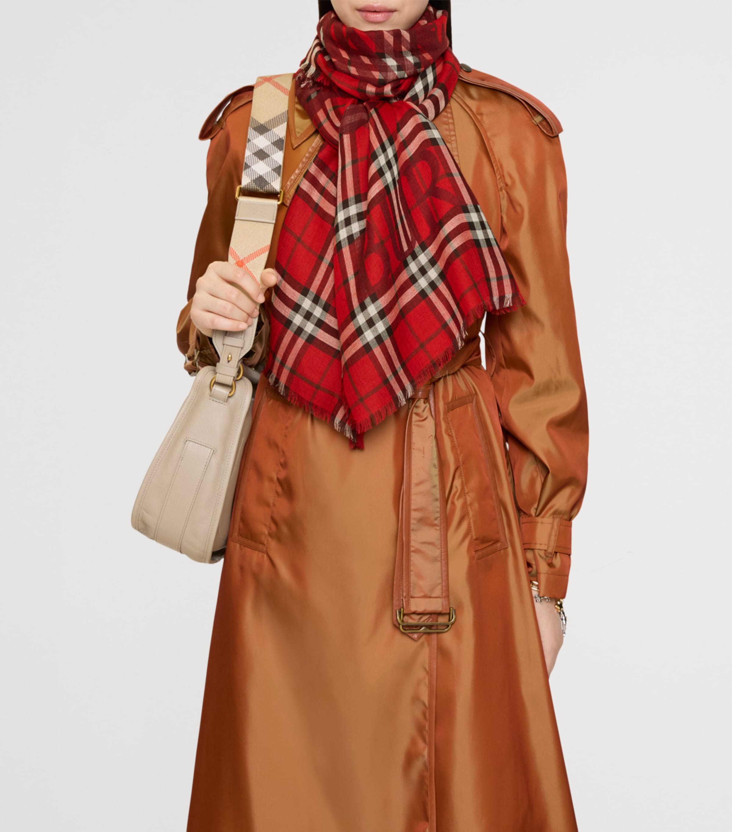 Wool-Silk Wide EKD Check Scarf POST RED Image 2