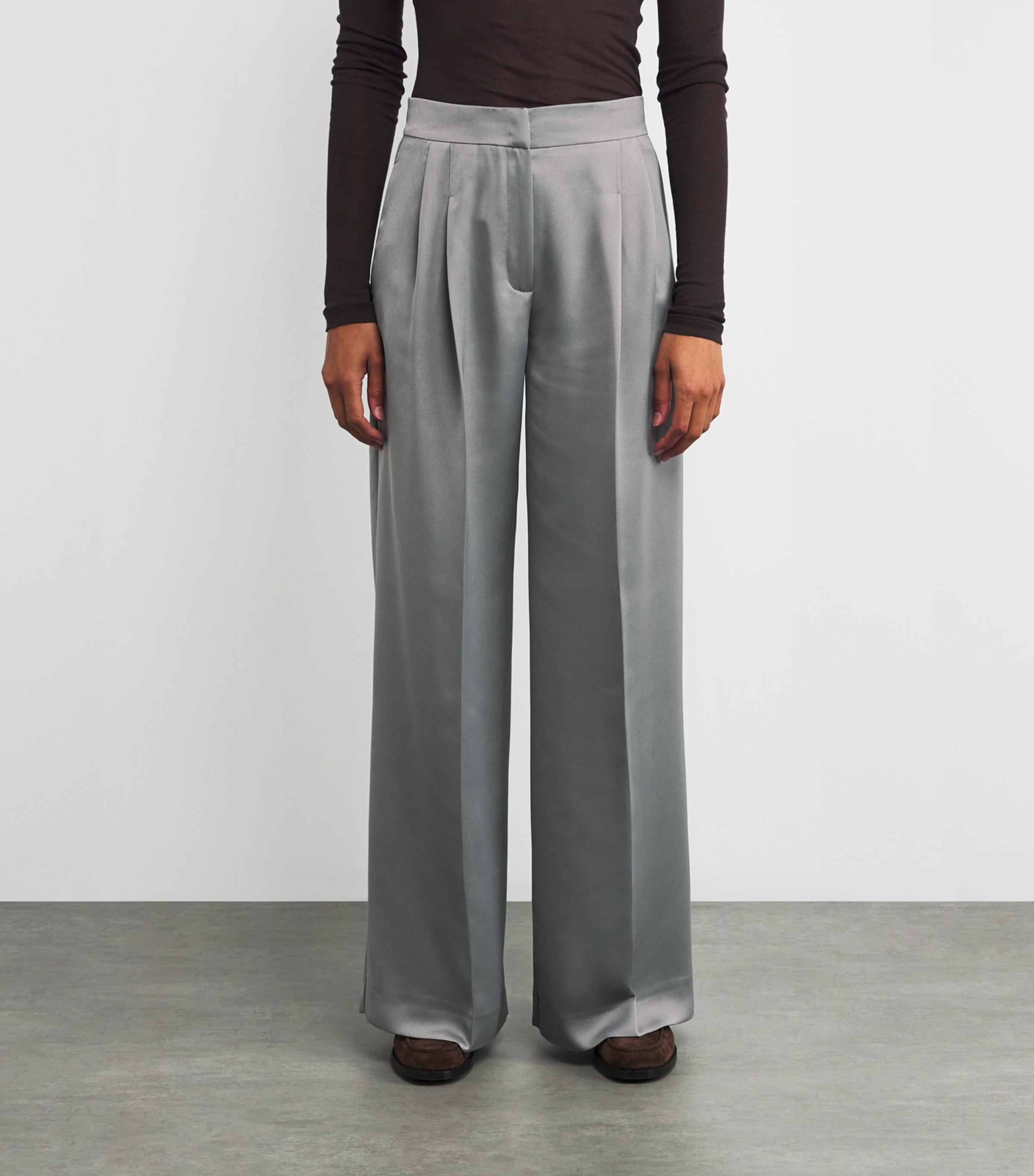 Satin Pleated Wide-Leg Trousers GREY Image 3