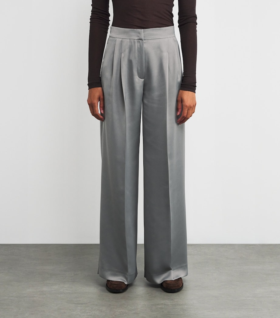 Satin Pleated Wide-Leg Trousers GREY Image 3