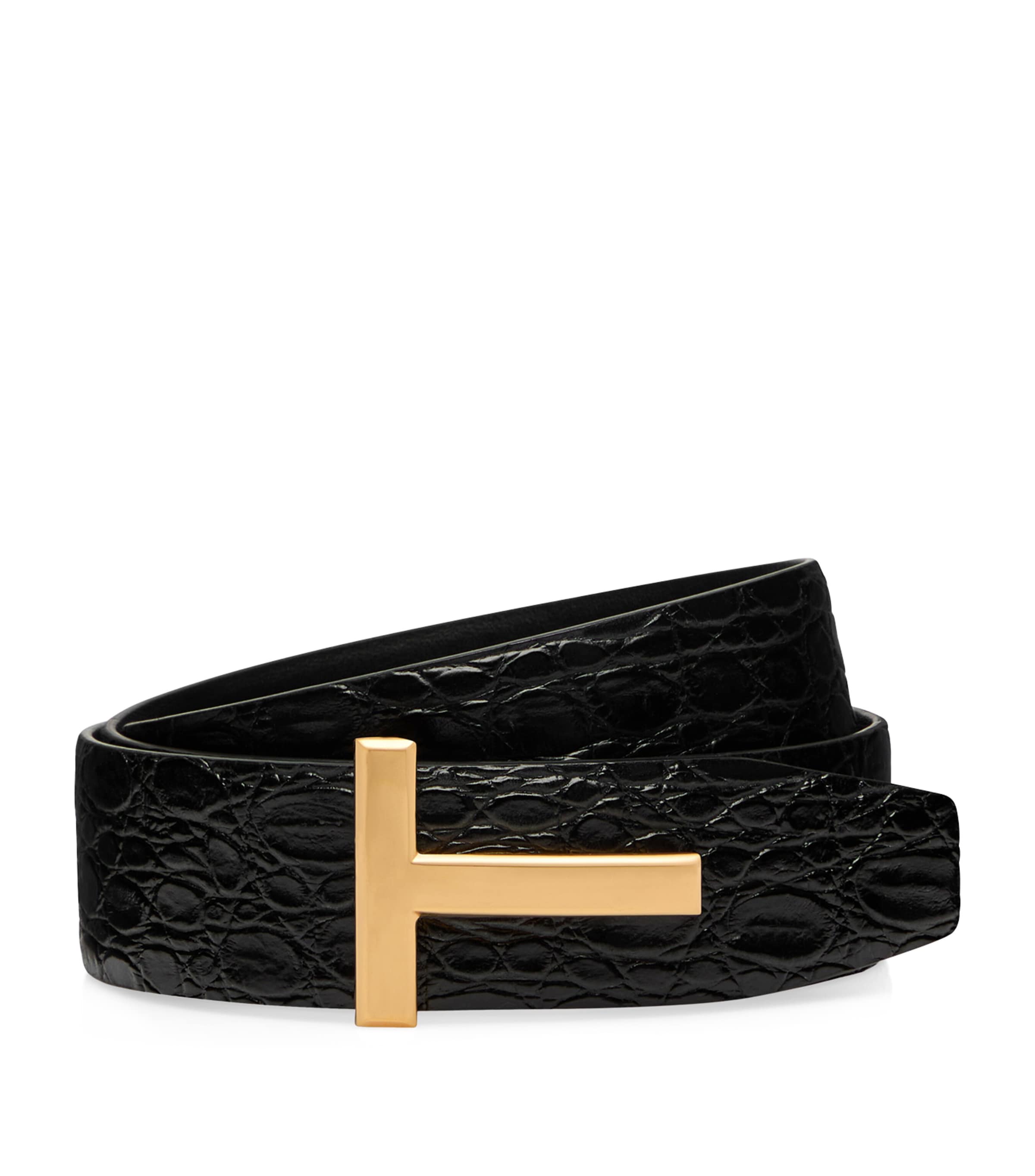 Tom Ford Leather Reversible T Icon Belt In Black