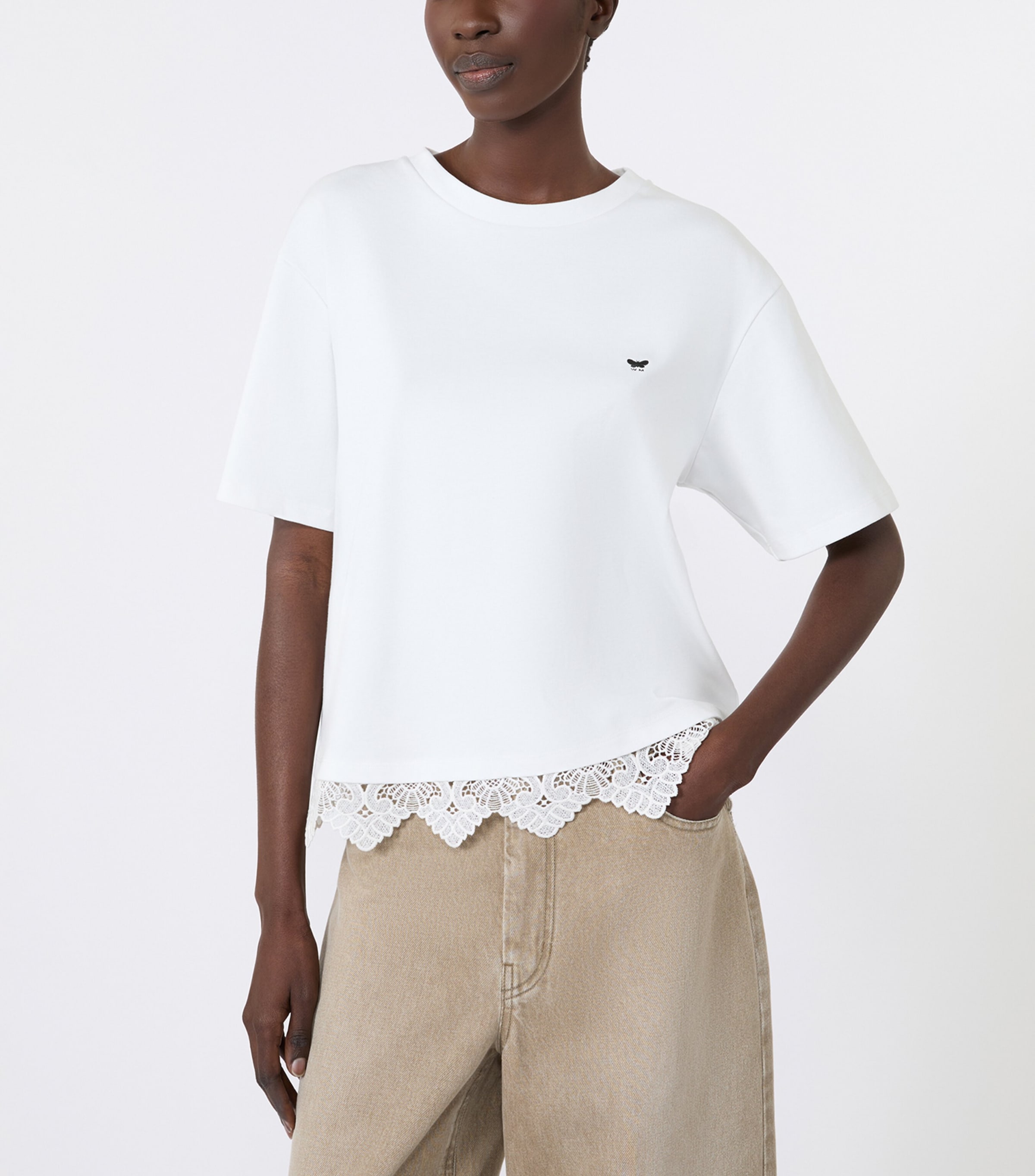 Weekend Max Mara Womens Cotton Lace-Hem T-Shirt White Image 6