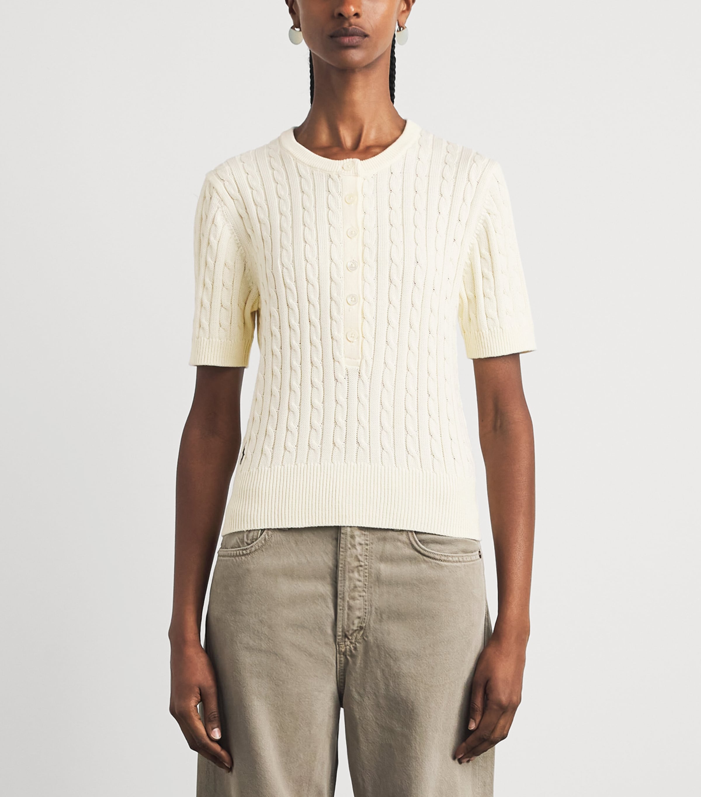 Polo Ralph Lauren Womens Cable-Knit Short-Sleeve Henley Sweater Clubhouse Cream Image 4
