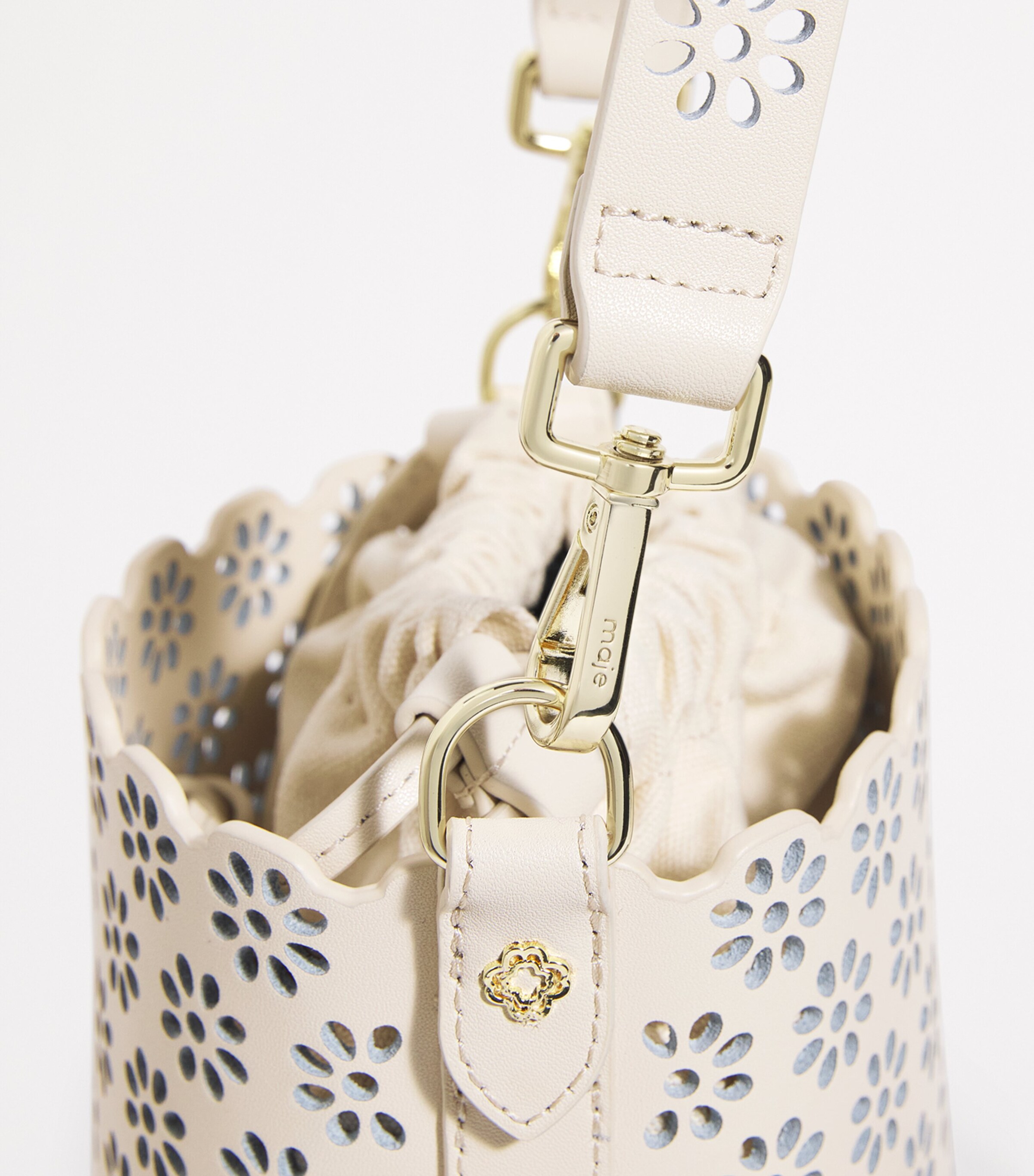 Leather Perforated Drawstring Bucket Bag ECRU Image 4