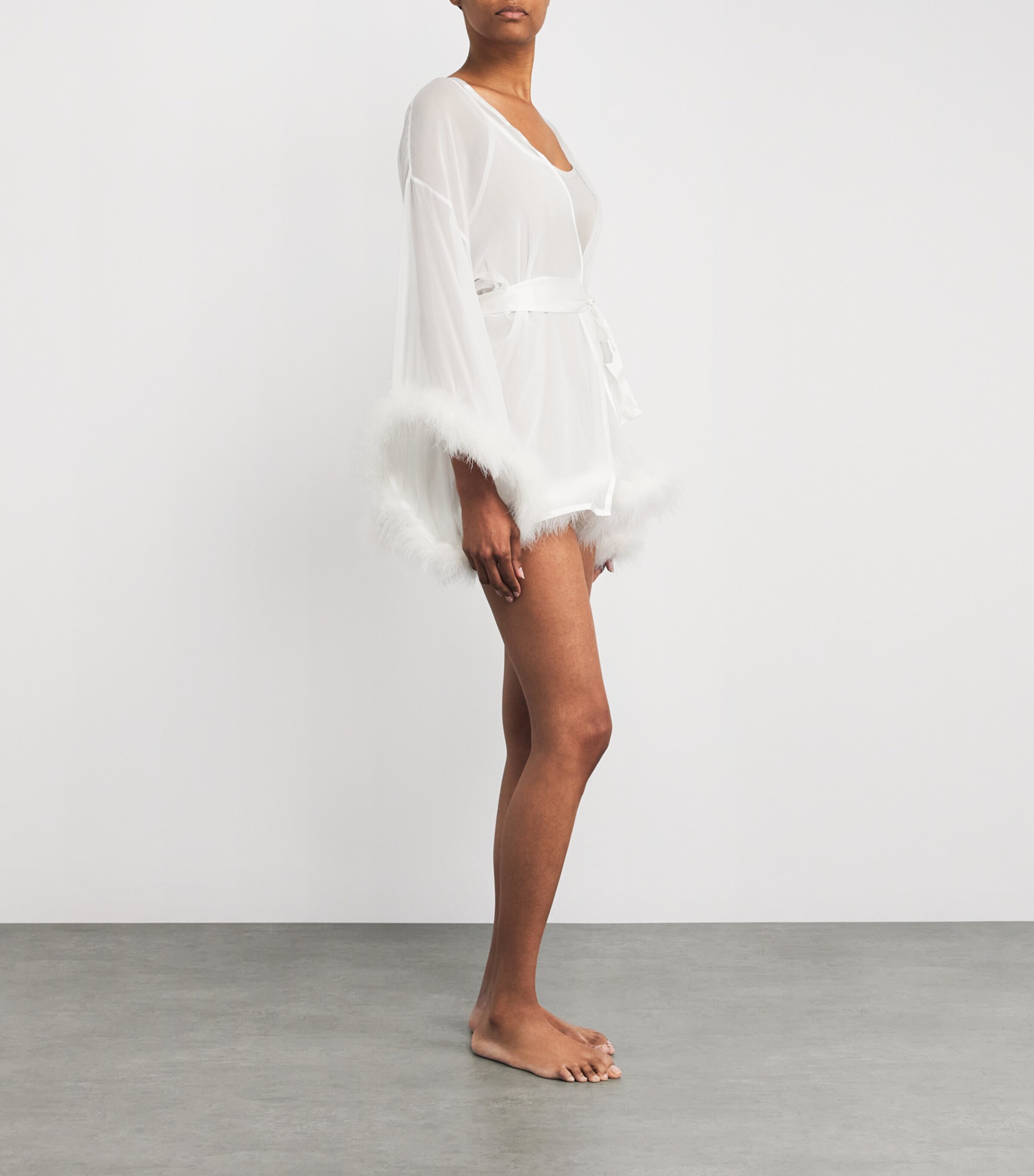 Gilda & Pearl Womens Silk Feather-Trim Sheer Diana Short Robe Ivory Image 4