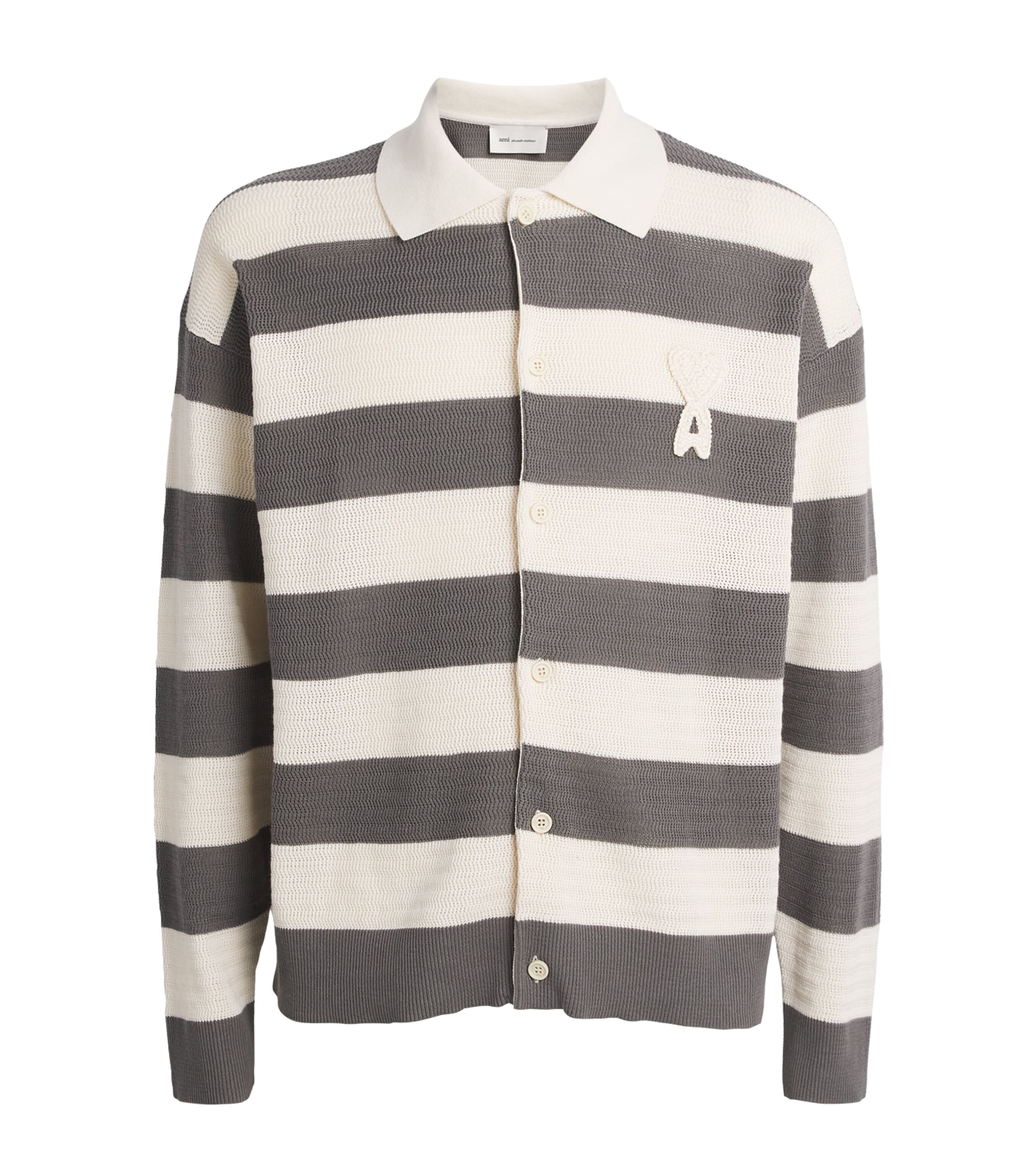 AMI Paris Mens Cotton Stripe Logo Cardigan Blanc/carbone Image 1