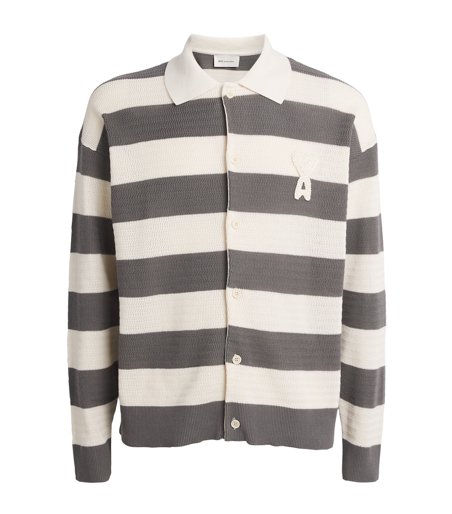 AMI Paris Mens Cotton Stripe Logo Cardigan Blanc/carbone Image 1