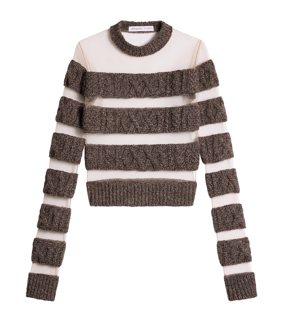 Schiaparelli Womens Wool Stripe Sheer-Panel Sweater Brown Image 1