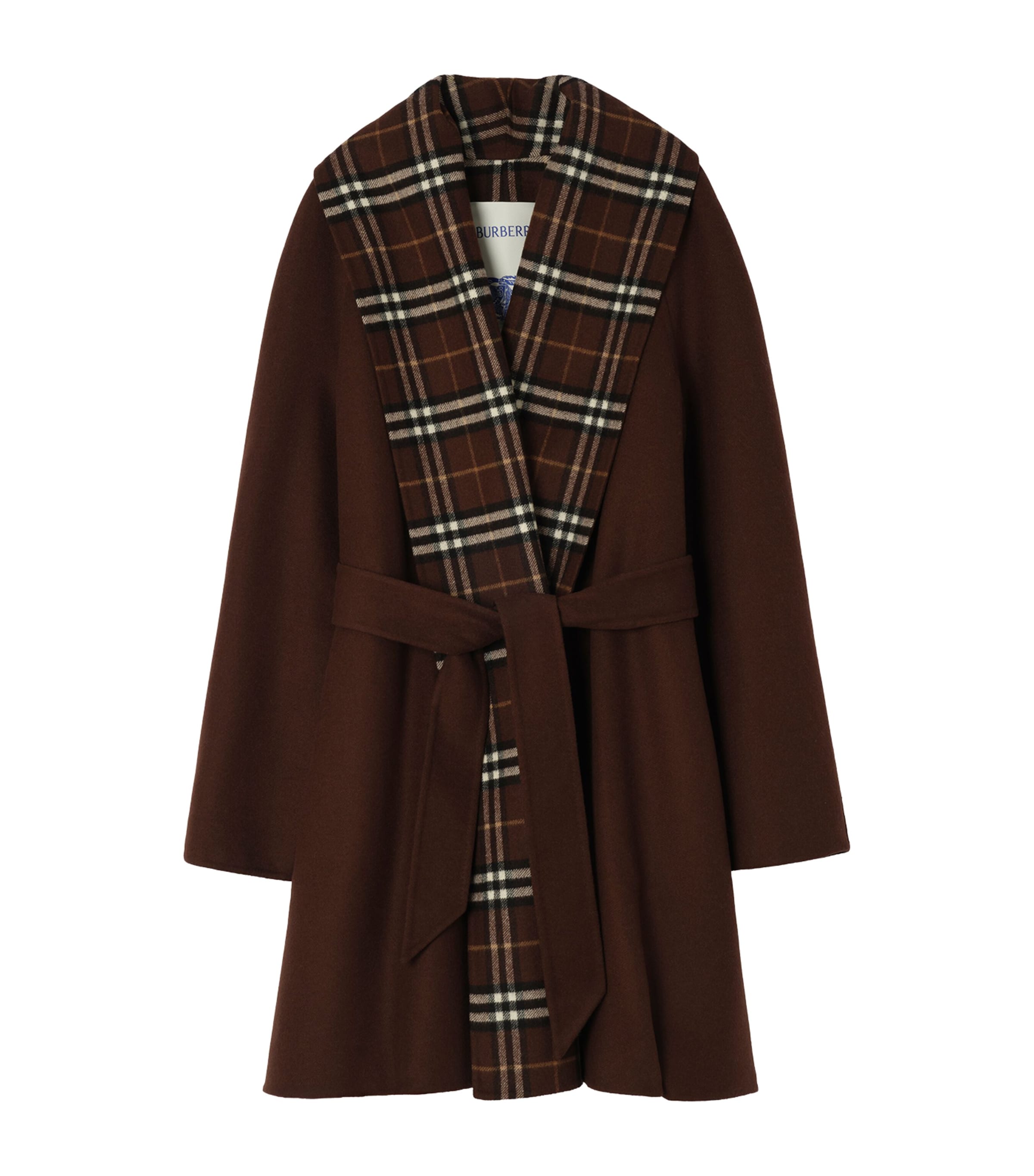 Burberry Womens Wool Check-Trim Wrap Coat Treacle Brown/brn Ck Image 1