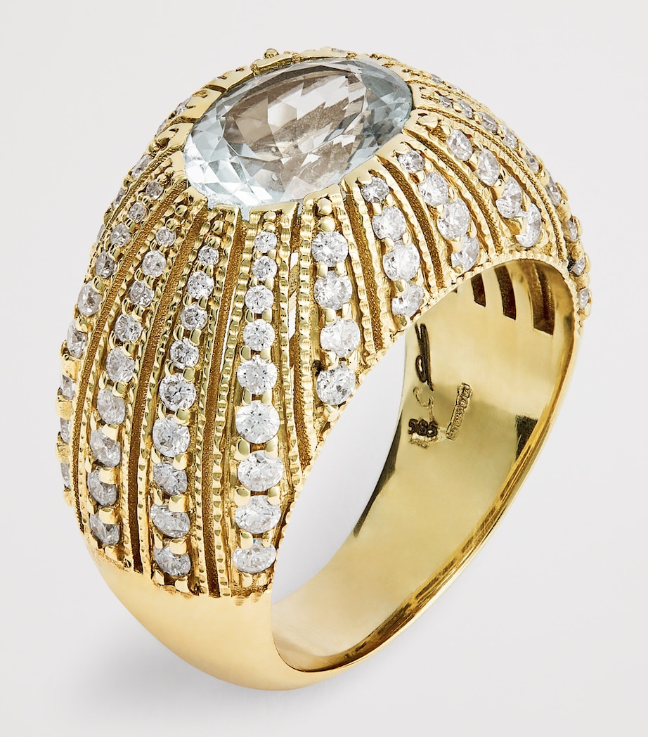 Large Yellow Gold, Diamond and Aquamarine Oval Dome Ring YELLOW GOLD Image 5