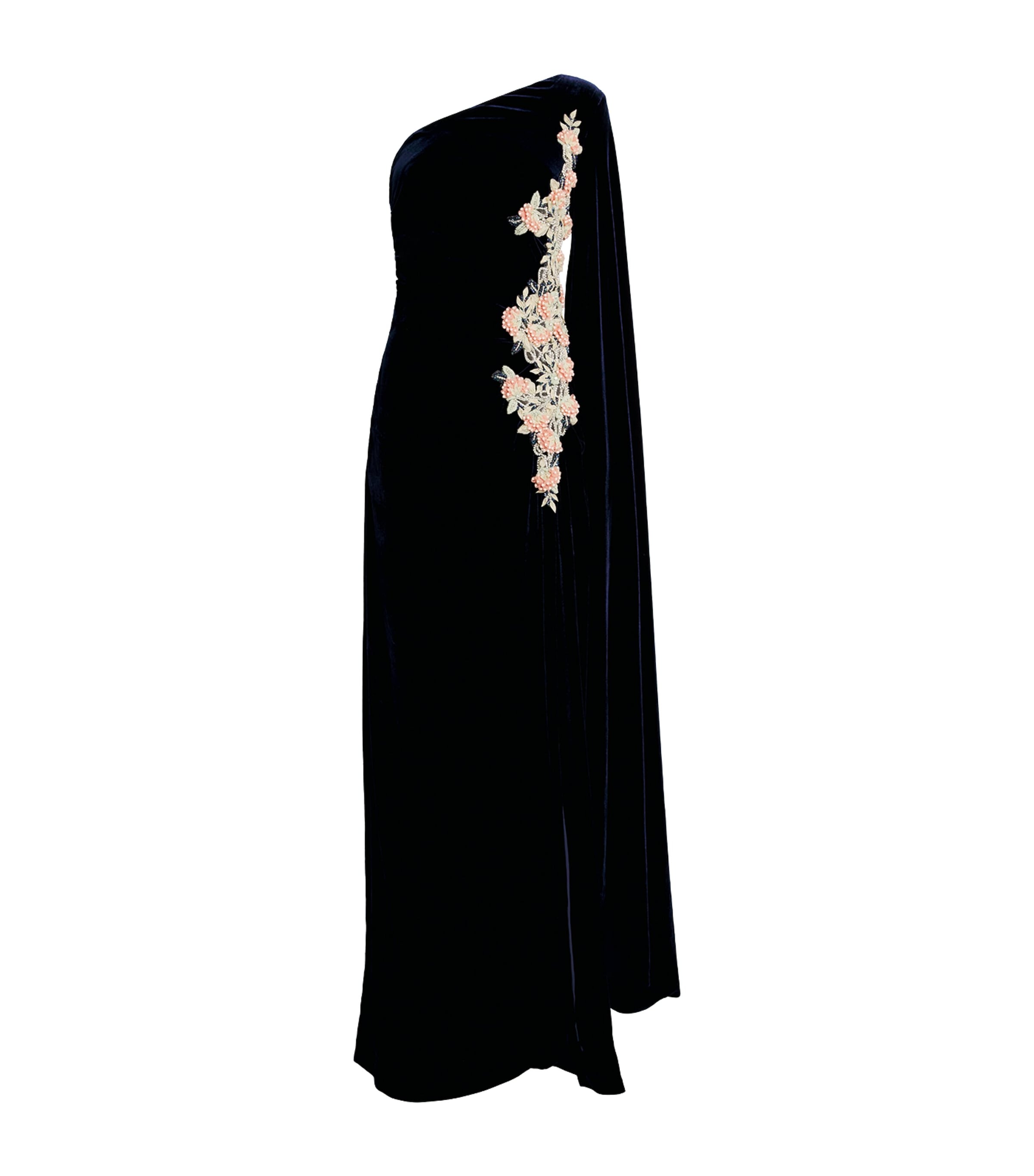 Costarellos Velvet Embellished One-shoulder Gown In Blue