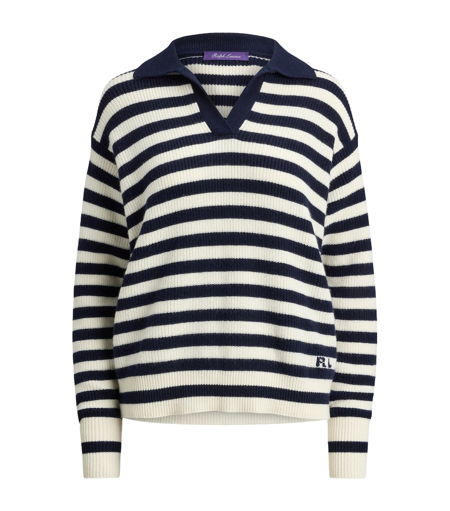 Ralph Lauren Collection Womens Cashmere Stripe Polo Sweater Natural Image 1
