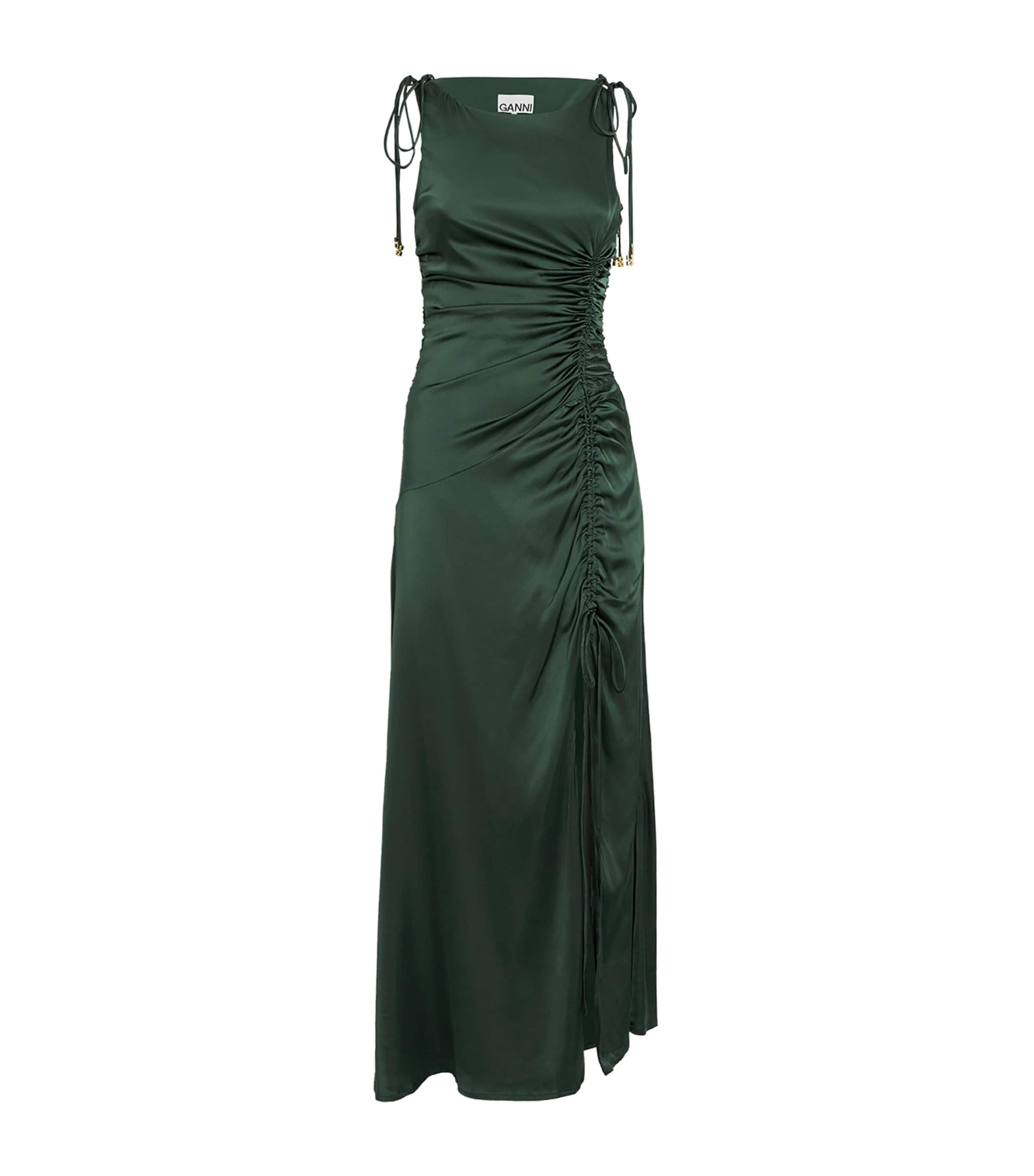 GANNI Satin Ruched Maxi Dress | Partywear | Holiday Shop | Womens | Summer dresses | Dresses | Women Clothing | Maxi Dresses | Party Dresses | Cocktail Dresses | Designers | Ganni