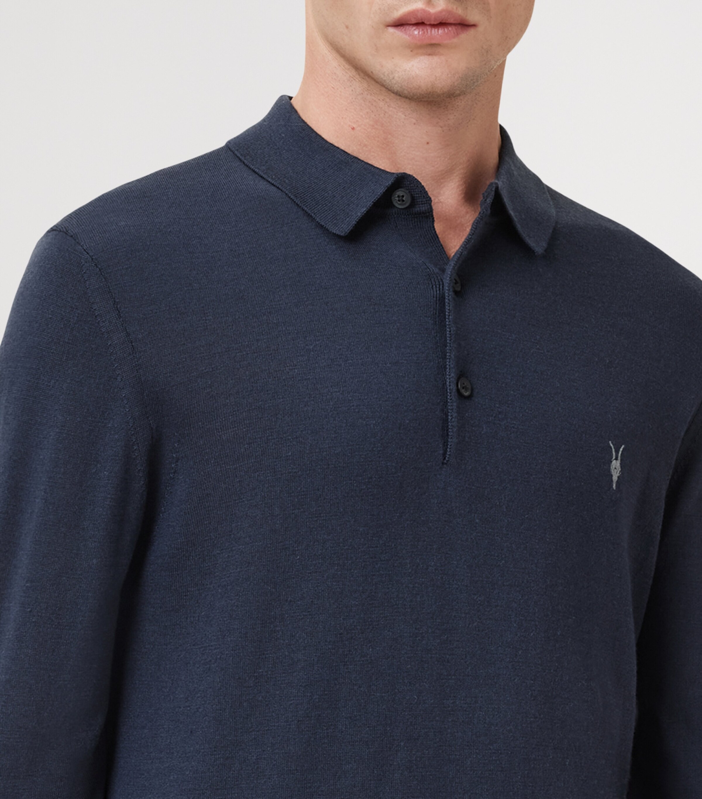 Merino Wool Long-Sleeve Mode Polo Shirt NAVY BLUE Image 5